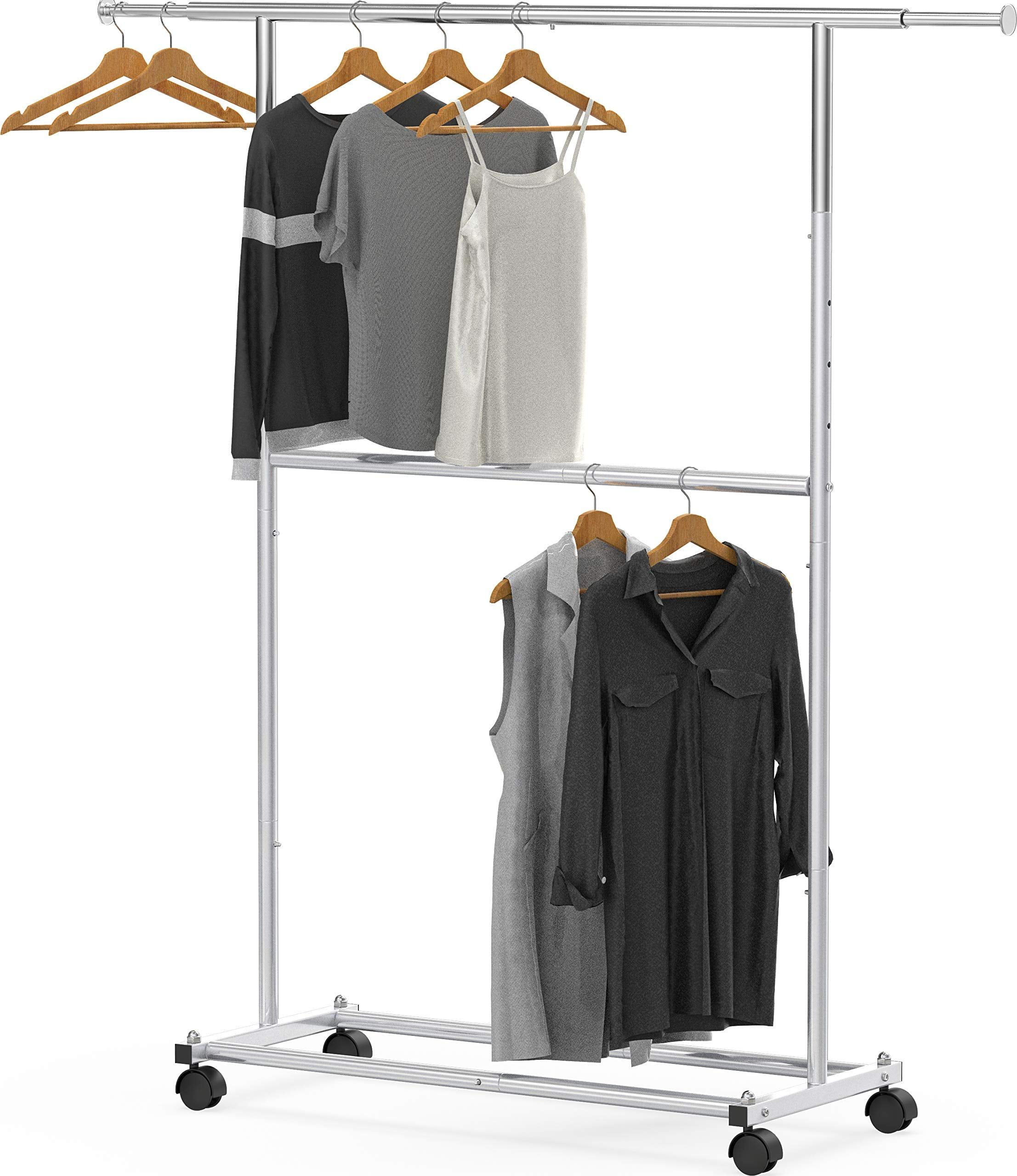 Silver Double Rod Garment Rack with Wheels and Hooks