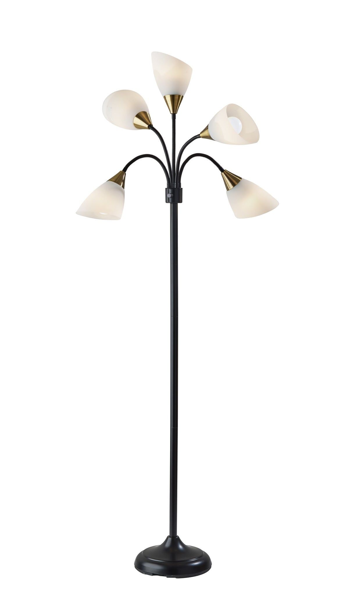 Adjustable Multi-Head Black Floor Lamp with Antique Brass Accents