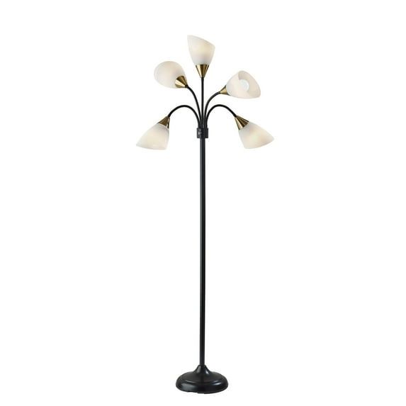 Adjustable Multi-Head Black Floor Lamp with Antique Brass Accents