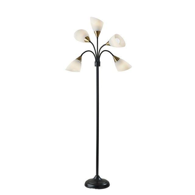 Adjustable Multi-Head Black Floor Lamp with Antique Brass Accents