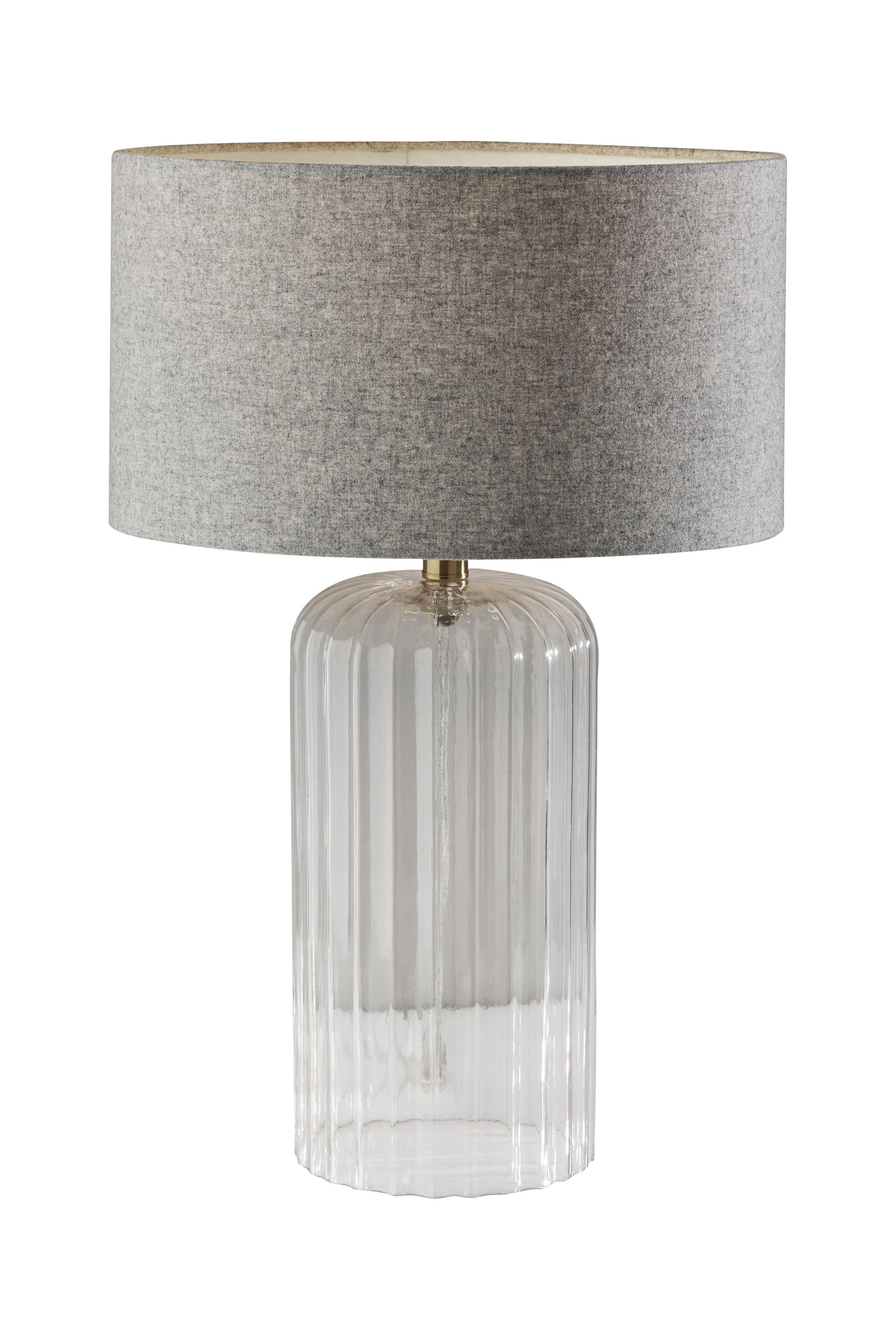 Large Clear Ribbed Glass Table Lamp with Grey Fabric Shade