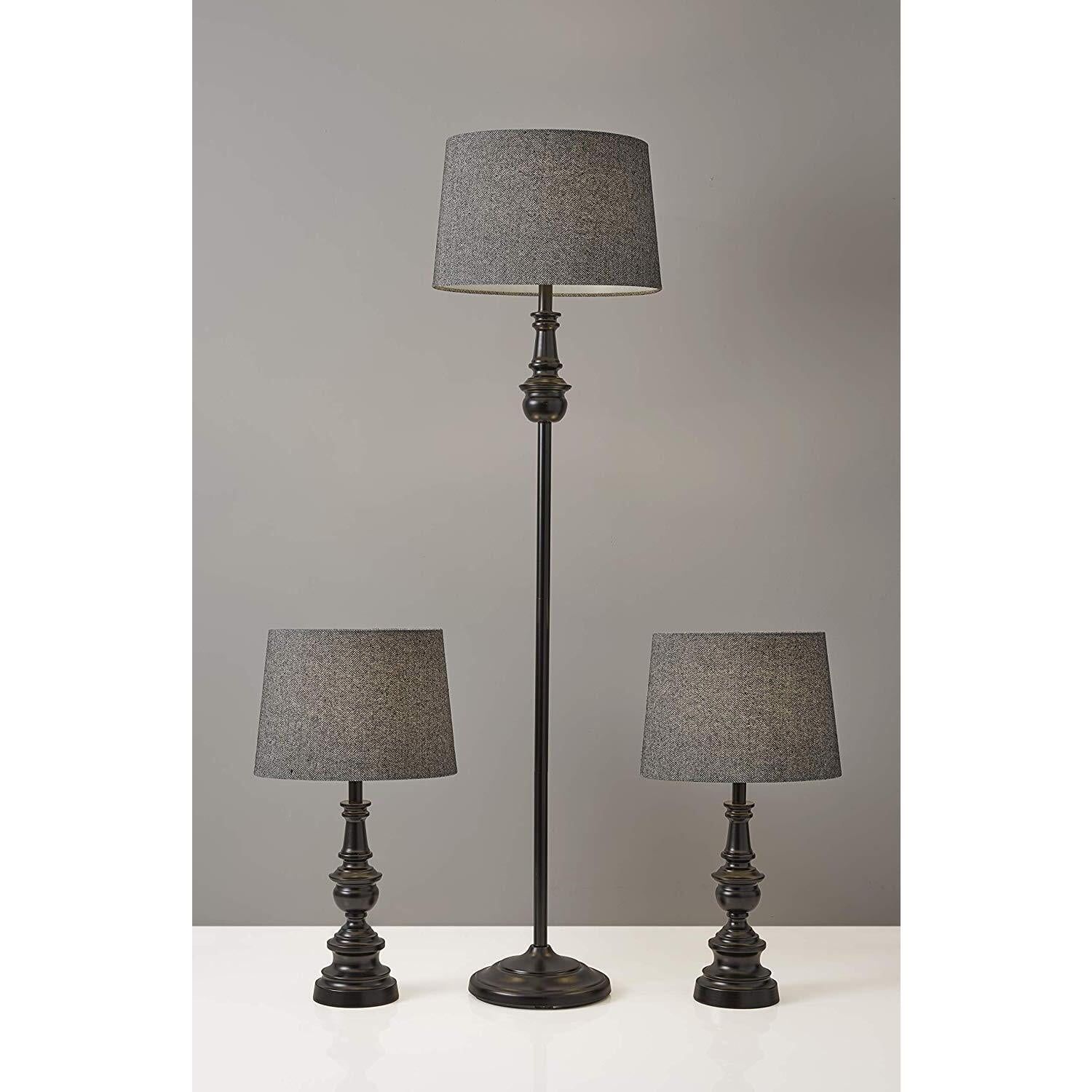 Chandler Bronze 3-Piece Lamp Set with Herringbone Shades