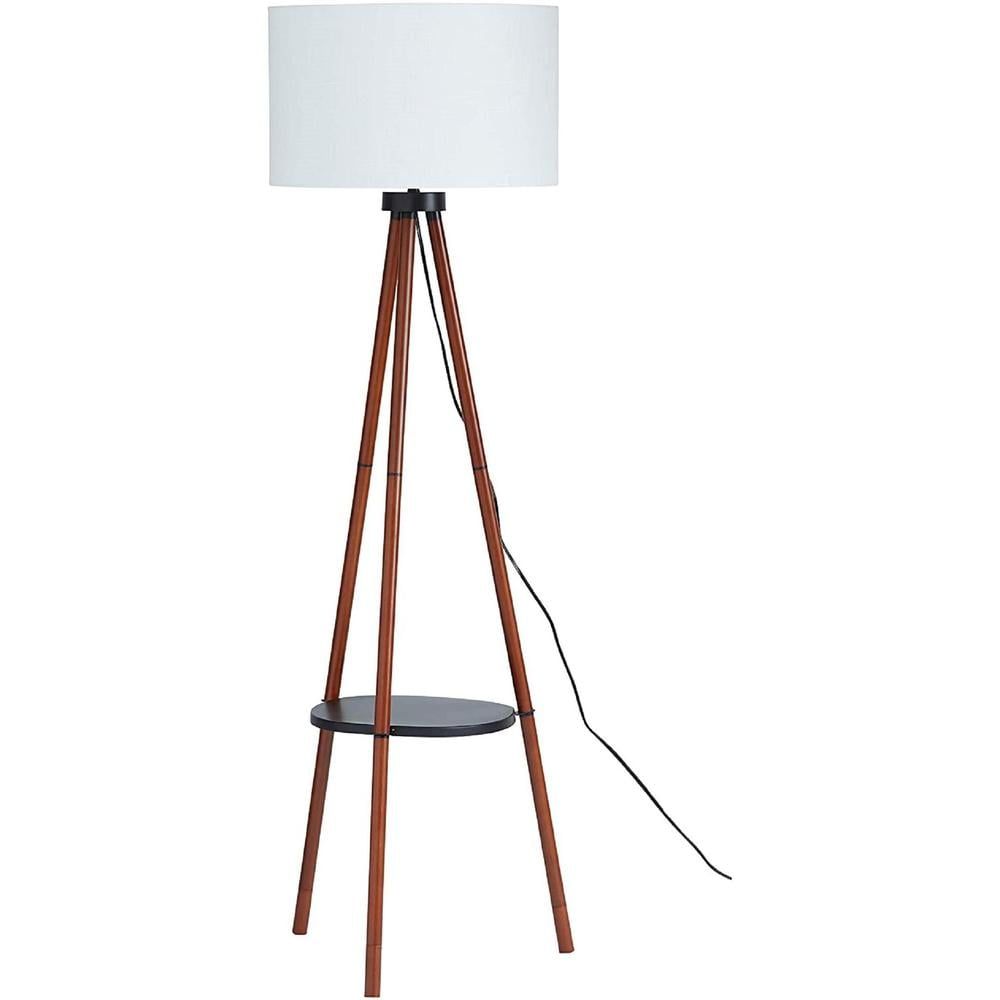 Walnut Tripod Floor Lamp with White Linen Shade and Shelf