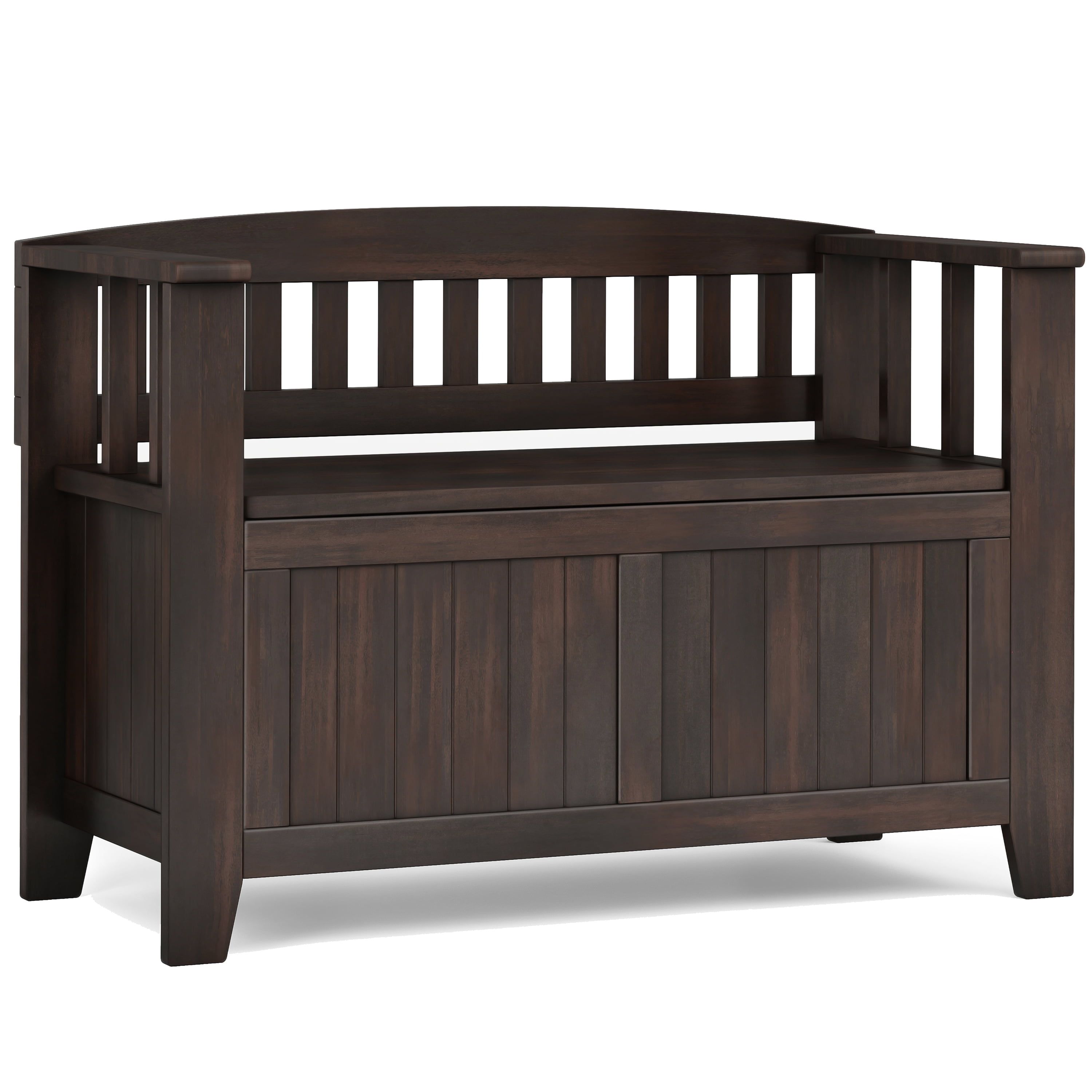 Brunette Brown Solid Pine Wood Entryway Storage Bench with Slatted Backrest