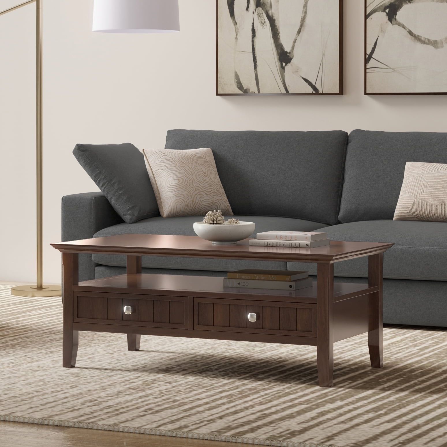 Brunette Brown Rectangular Wood Coffee Table with Storage