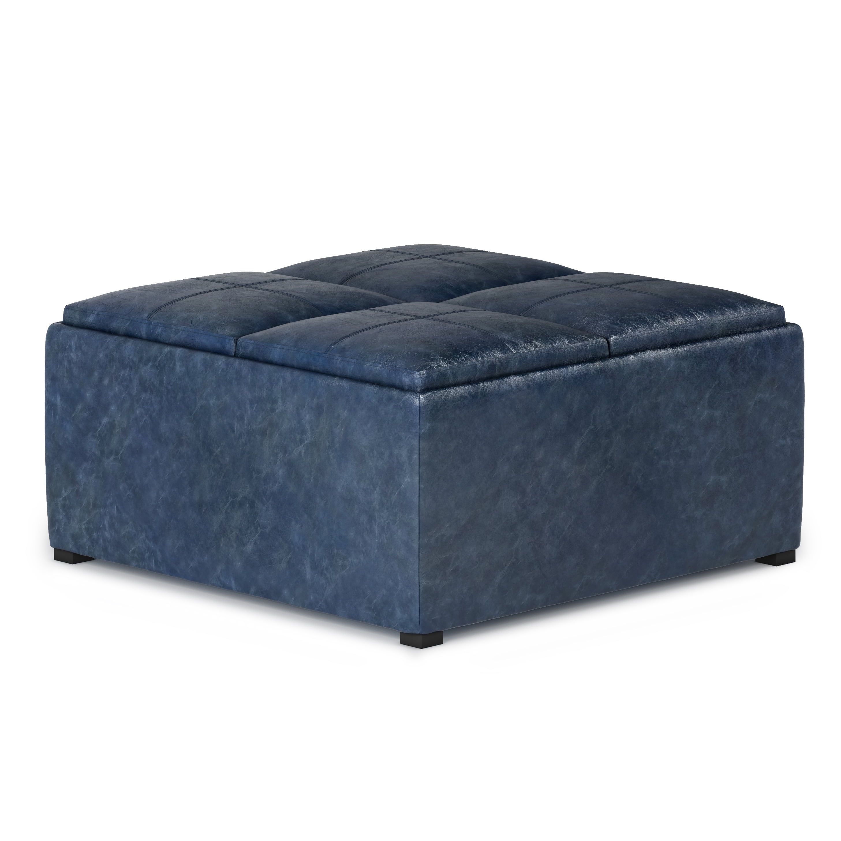 Avalon Denim Blue Square Storage Ottoman with Flip Trays