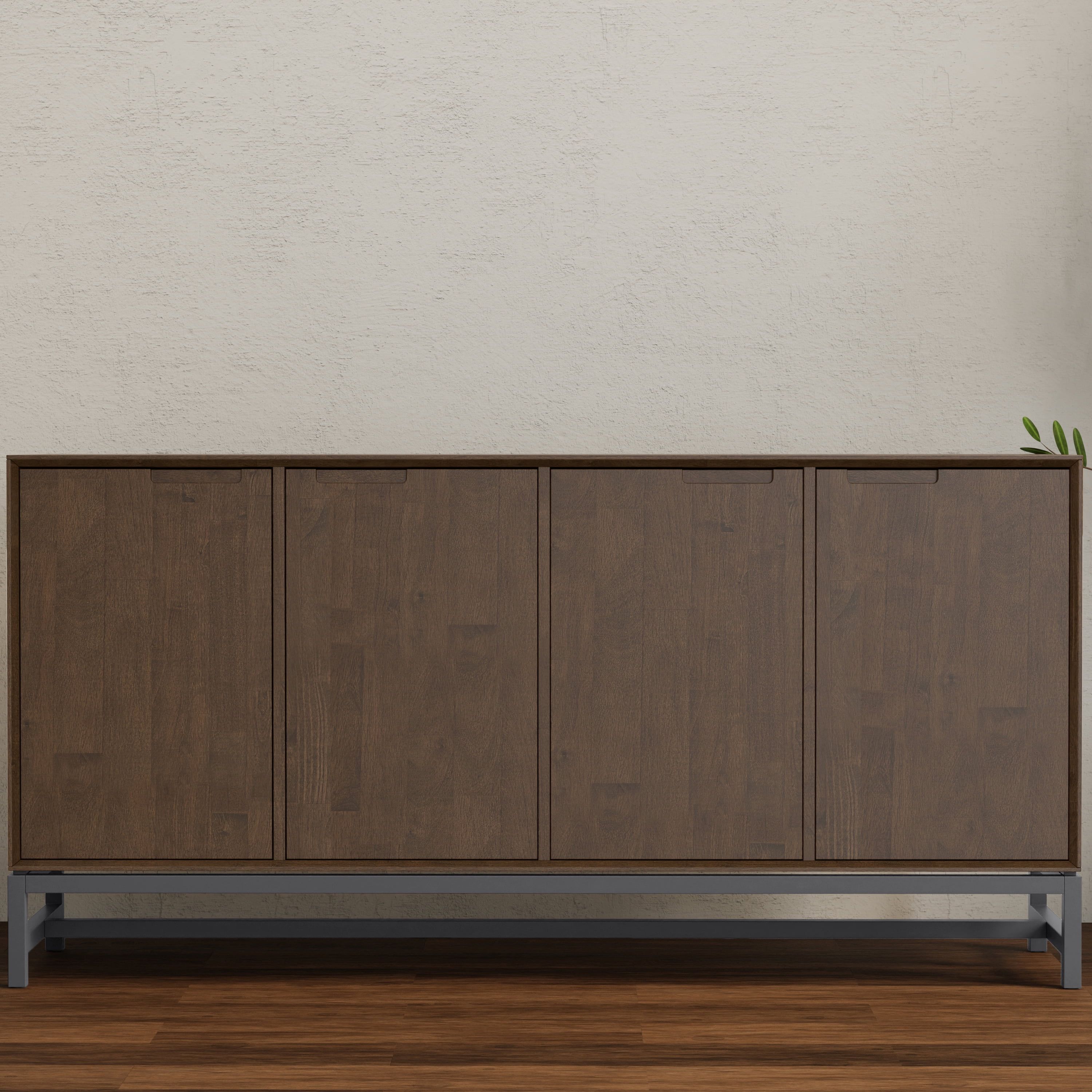 Walnut Brown Solid Hardwood and Metal 4-Door Sideboard Buffet