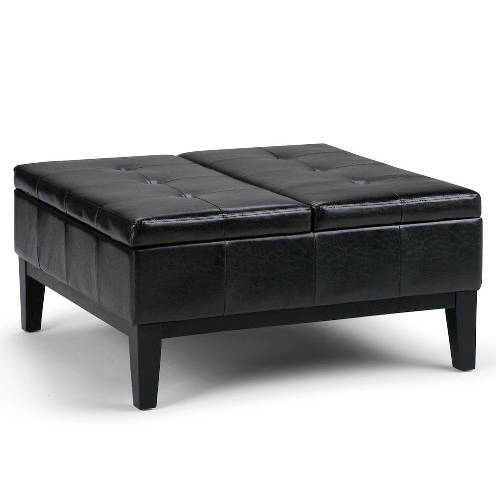 Midnight Black Tufted Faux Leather Cocktail Storage Ottoman