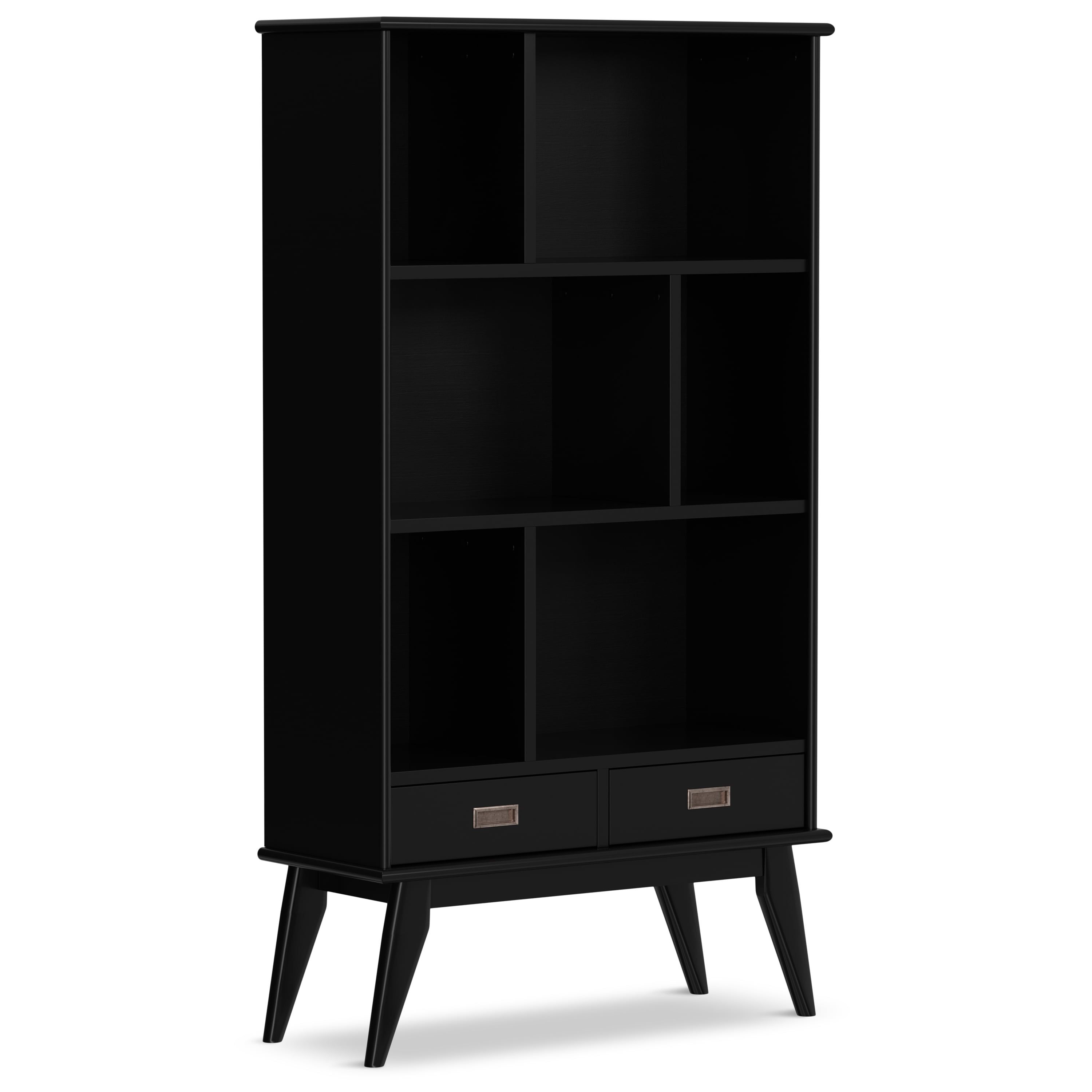 Black Solid Hardwood Mid Century Modern 64" Wide Bookcase with Storage