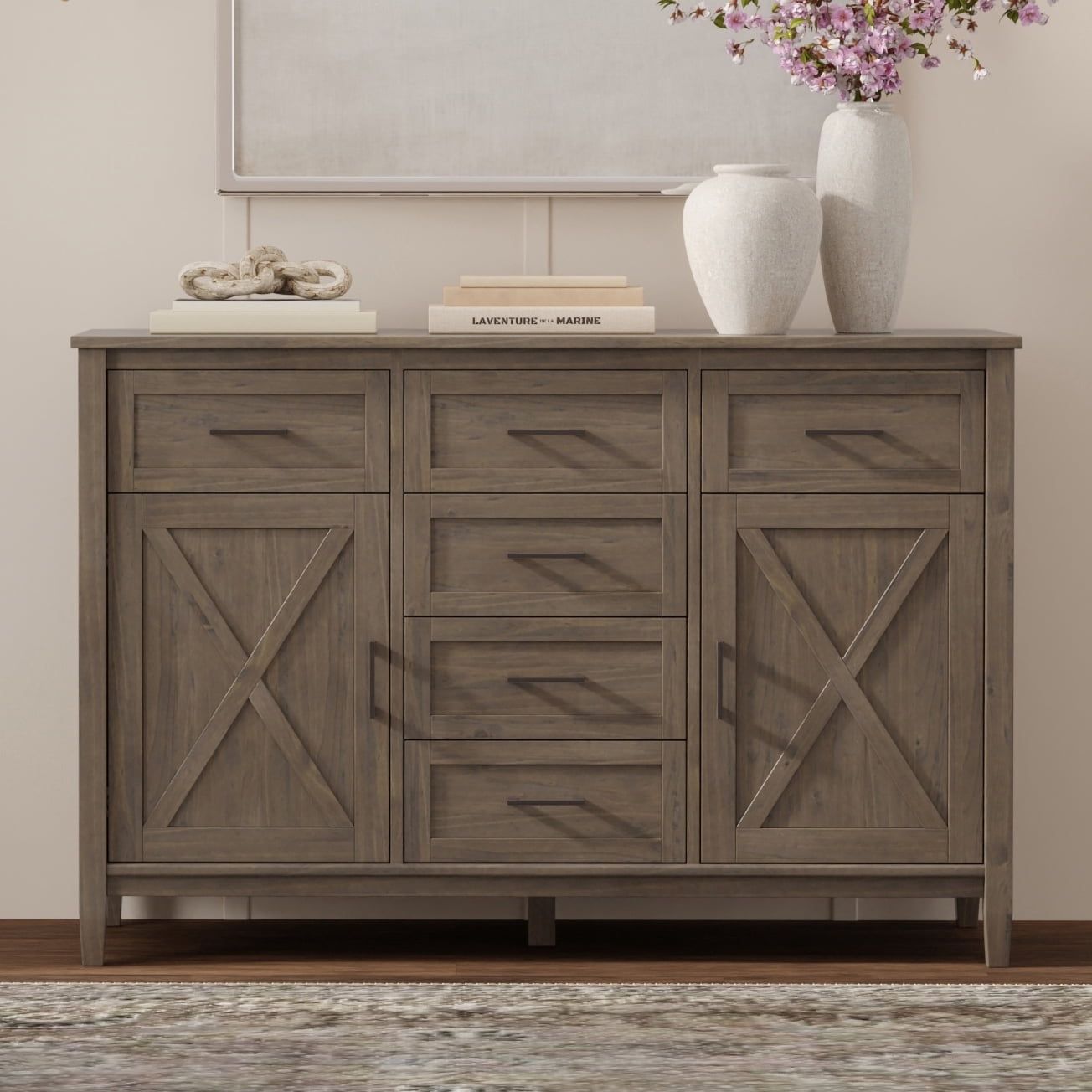 Smoky Brown Solid Wood 54" Transitional Sideboard with Storage