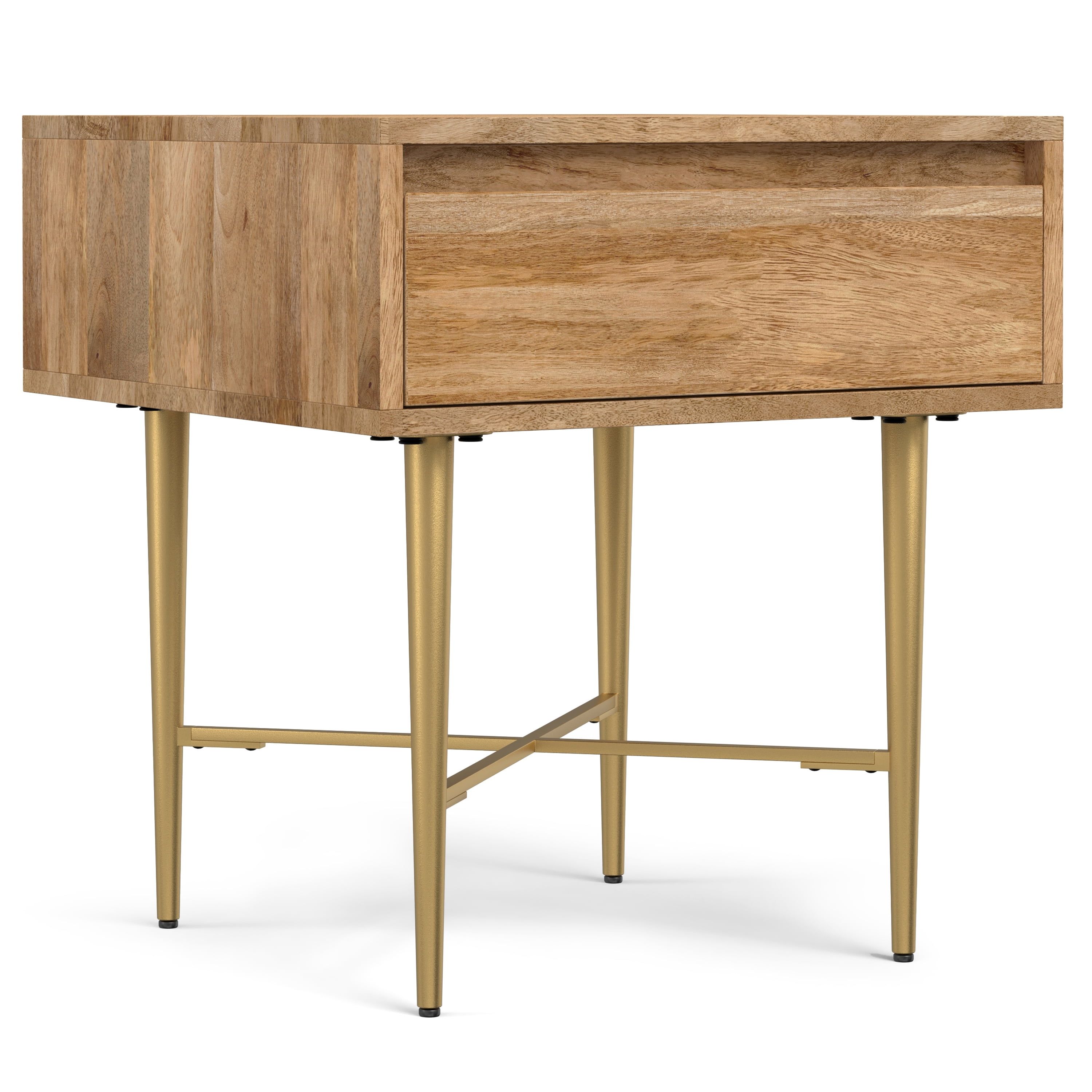 Natural Mango Wood Square End Table with Gold Metal Legs and Drawer