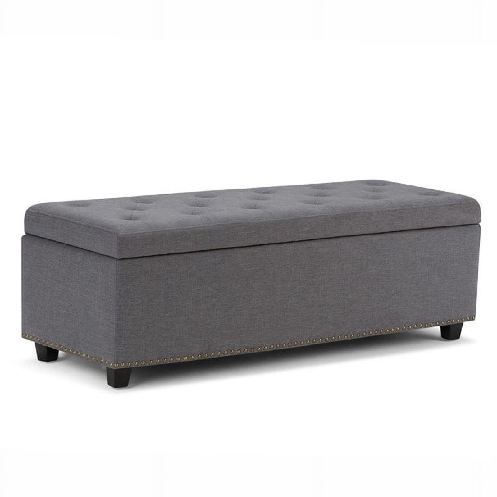 Slate Grey Tufted Linen Storage Ottoman Bench with Nailhead Trim