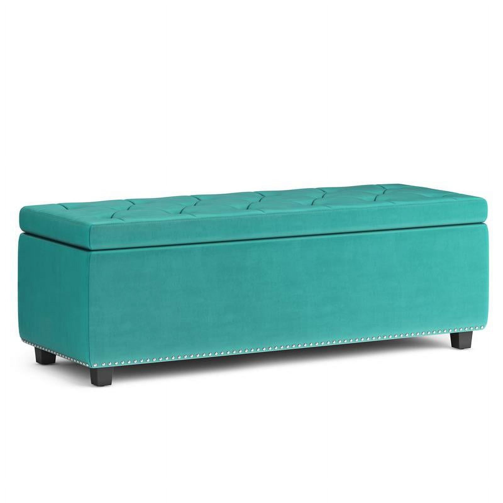 Aqua Blue Velvet Tufted Large Rectangular Storage Footstool