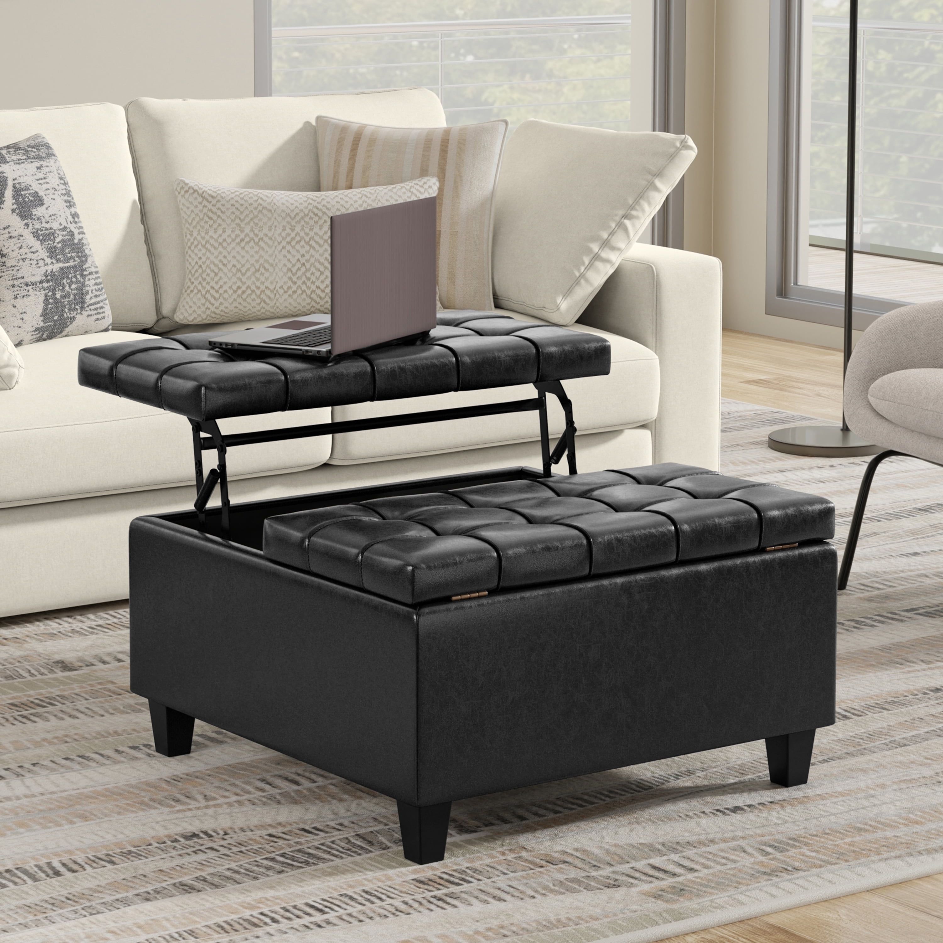 Harrison Distressed Black Tufted Faux Leather Storage Ottoman