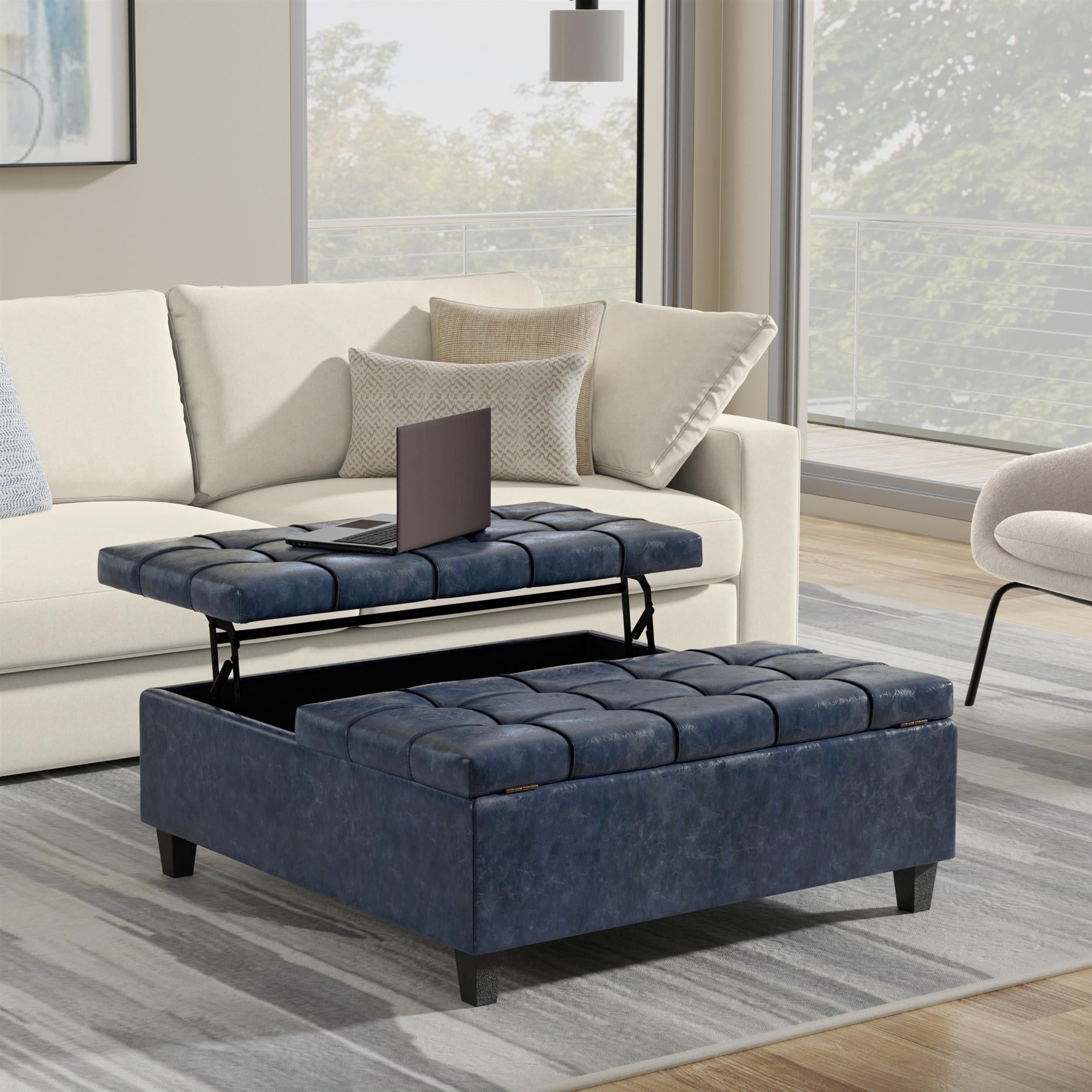 Denim Blue Tufted Vegan Leather Storage Ottoman Coffee Table