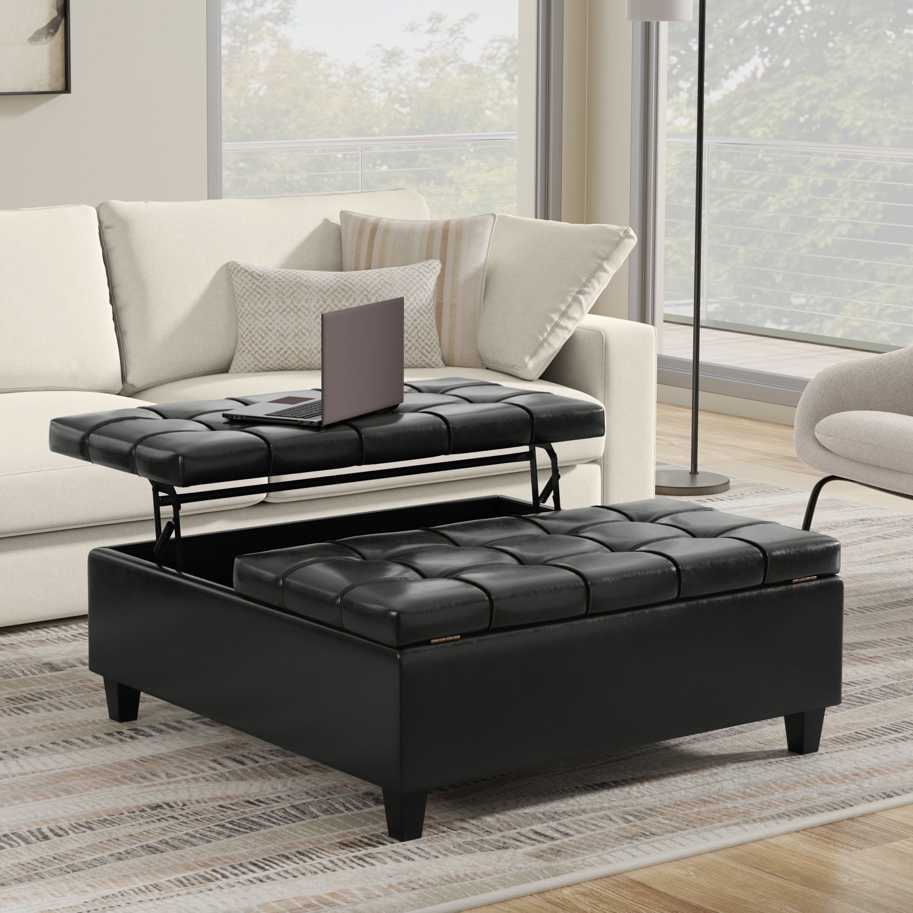 Midnight Black Tufted Vegan Leather Storage Ottoman