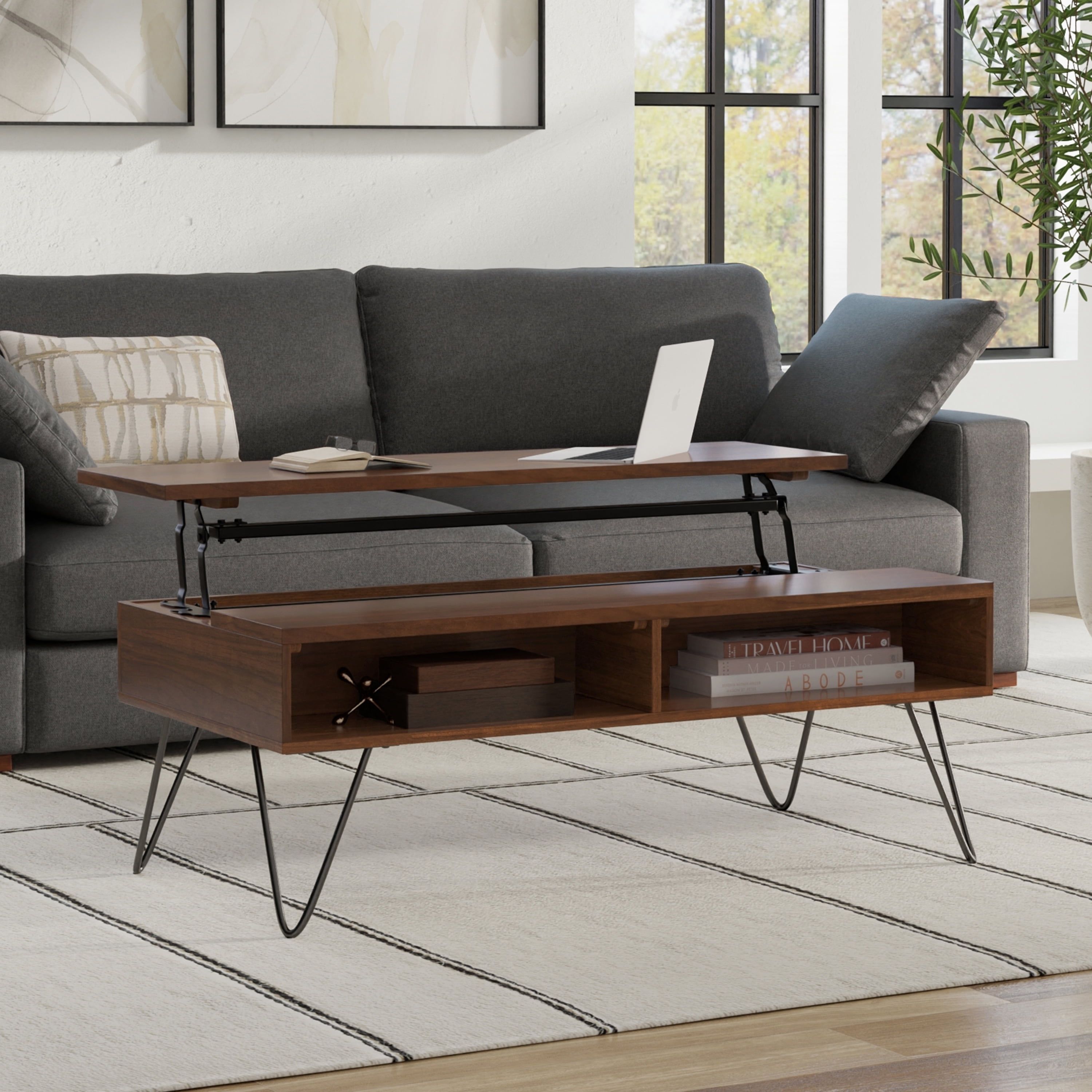 Walnut and Black Lift-Top Coffee Table with Storage