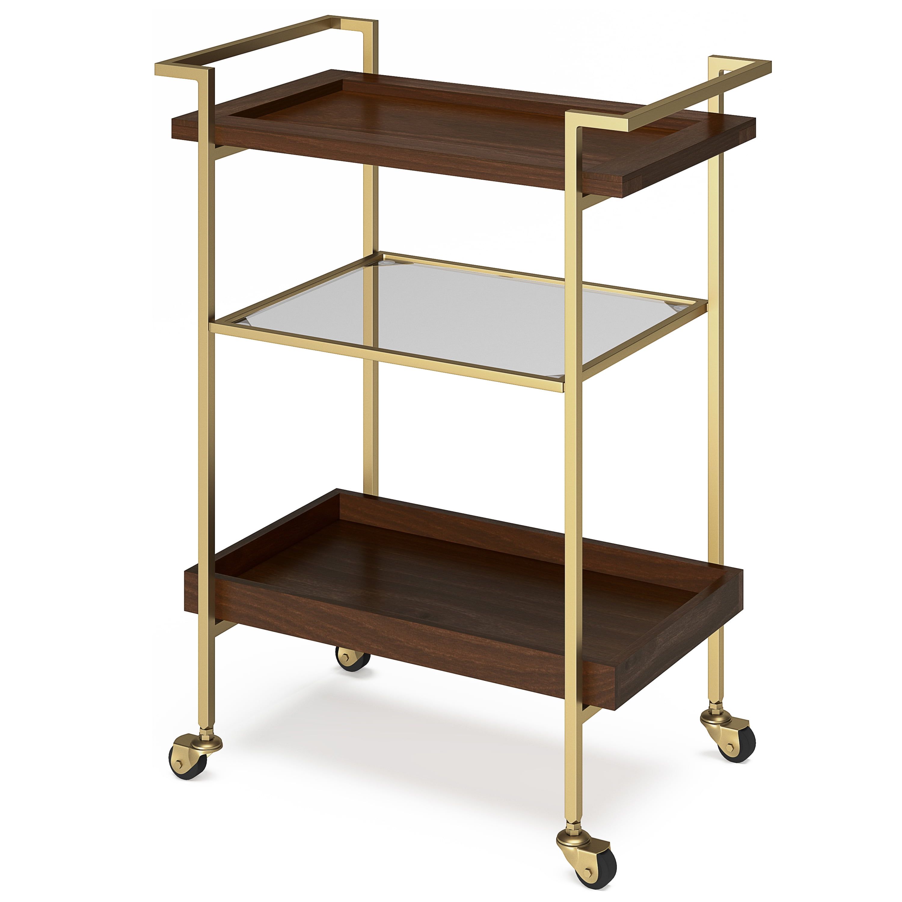 Cognac Solid Mango Wood & Gold Metal 3-Tier Bar Cart with Casters