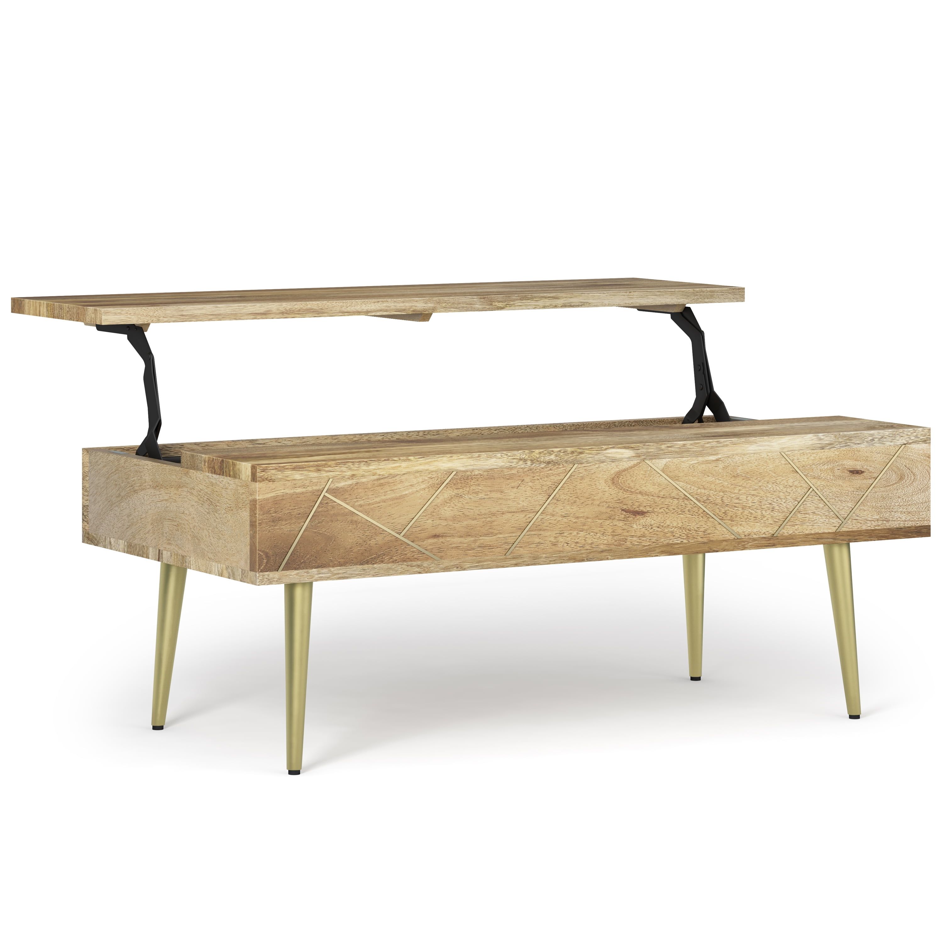 Rectangular Mango Wood Lift-Top Coffee Table with Brass Inlay