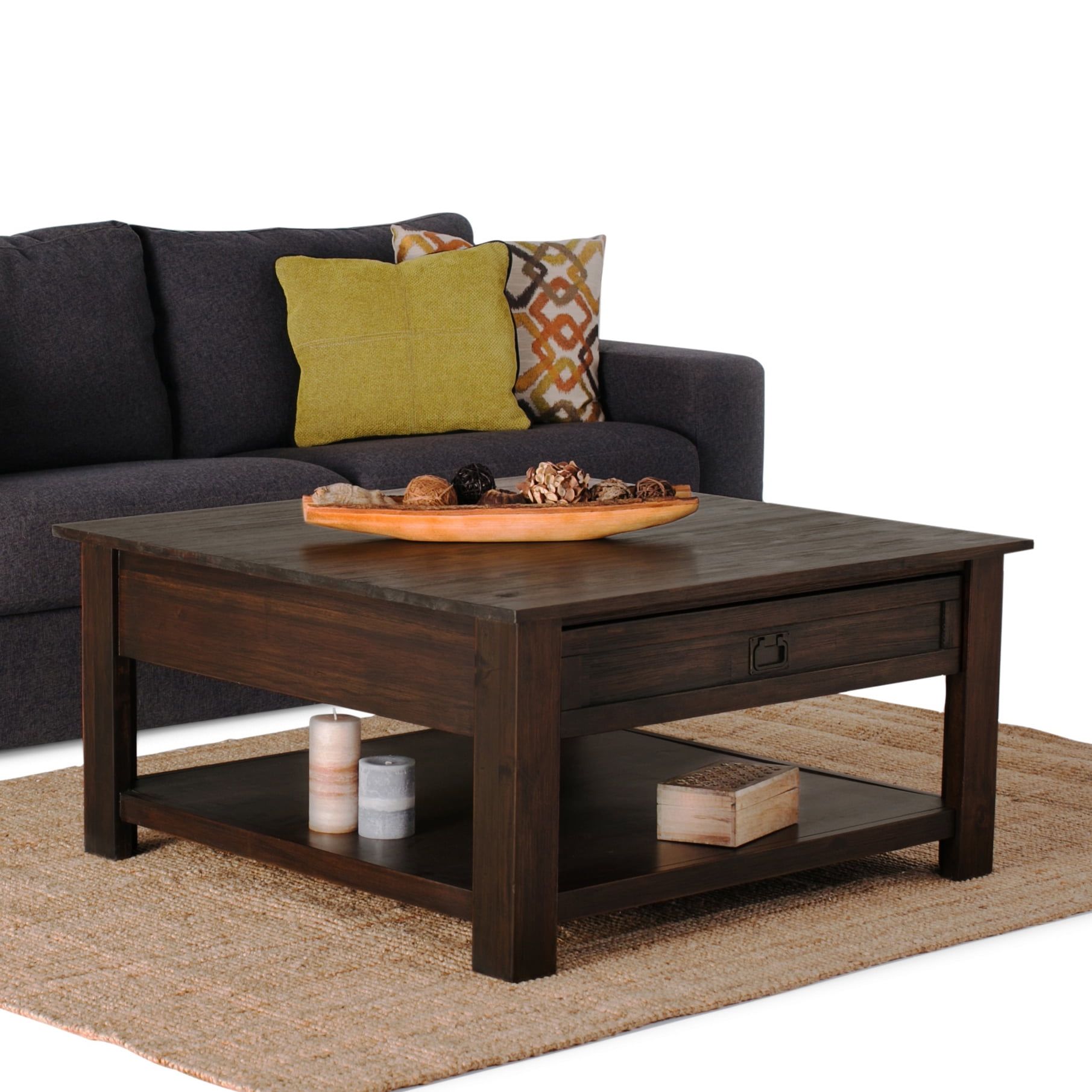 Rustic Acacia Wood Square Coffee Table with Storage in Charcoal Brown