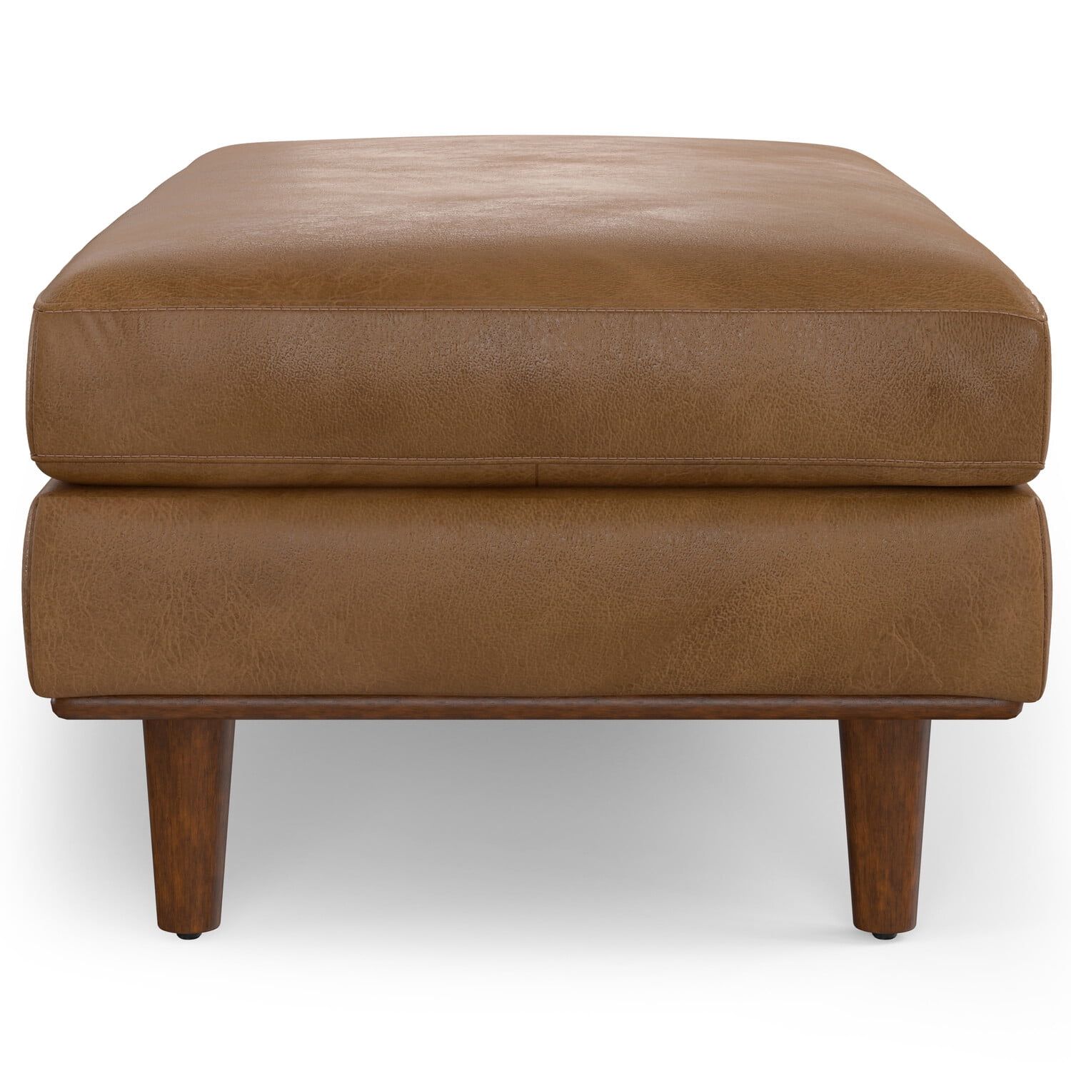 Caramel Brown Genuine Leather Mid-Century Rectangular Ottoman