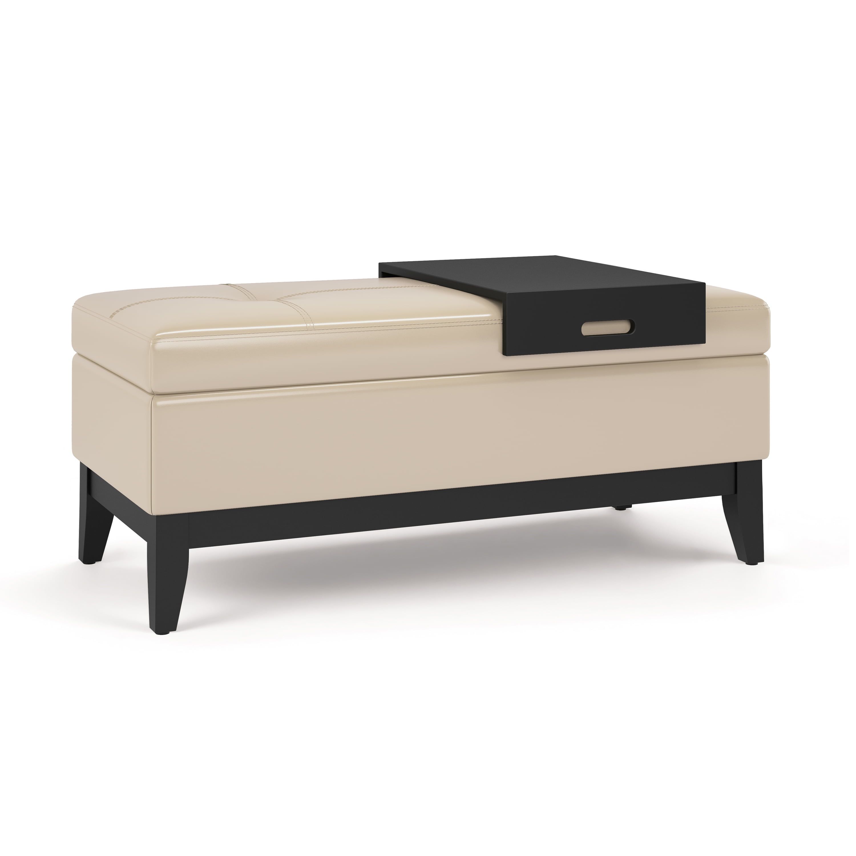 Satin Cream Tufted Faux Leather Footstool with Wooden Tray