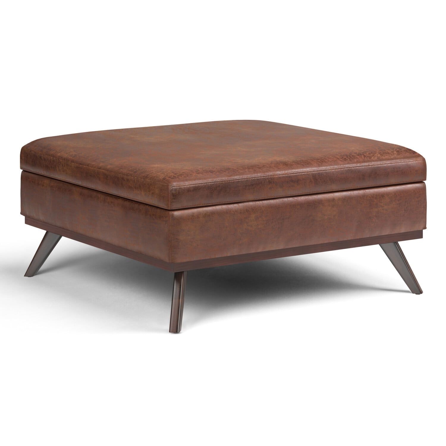 Owen Distressed Saddle Brown Faux Leather Lift Top Storage Ottoman