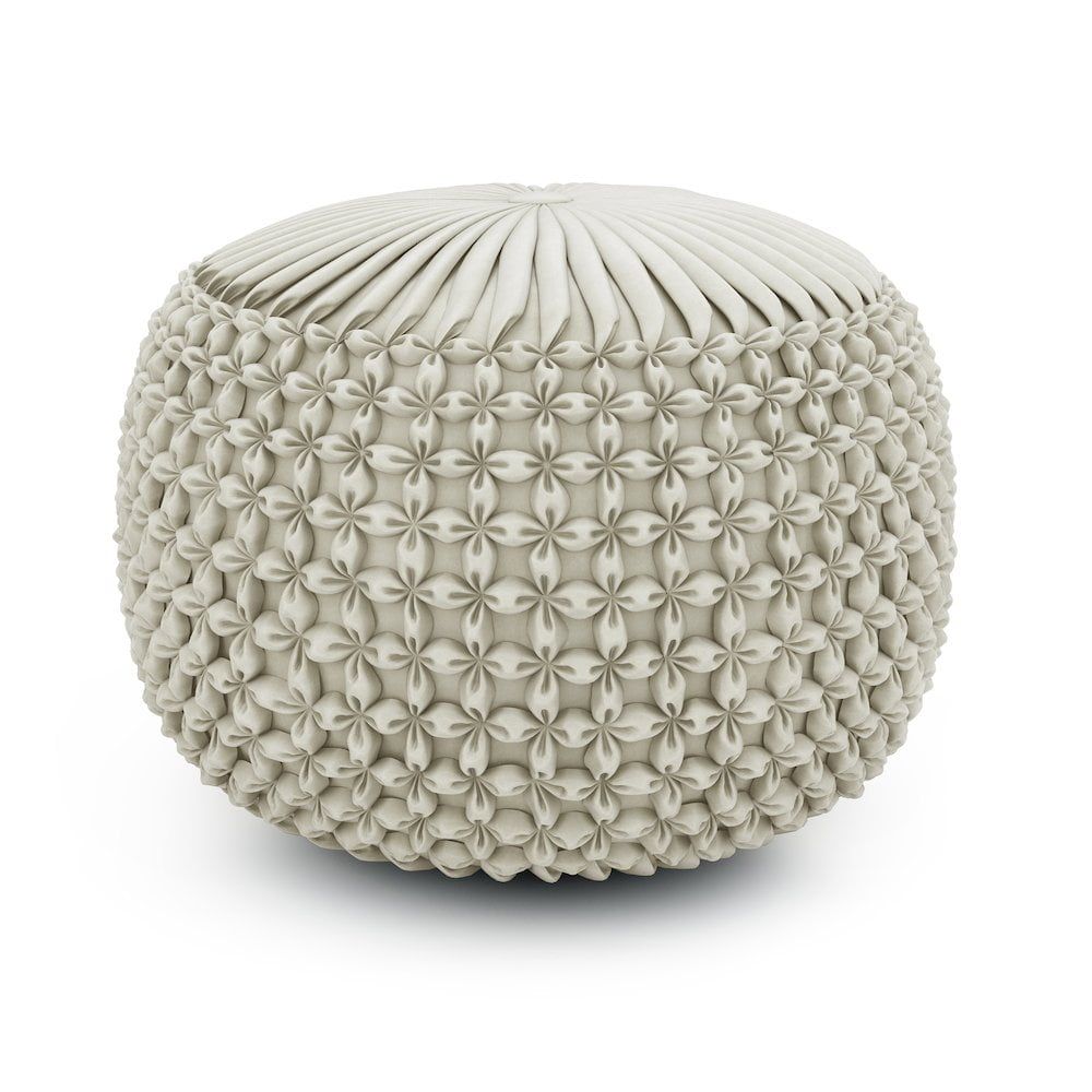 Cream Tufted Round Cotton Pouf with Velvet Upholstery