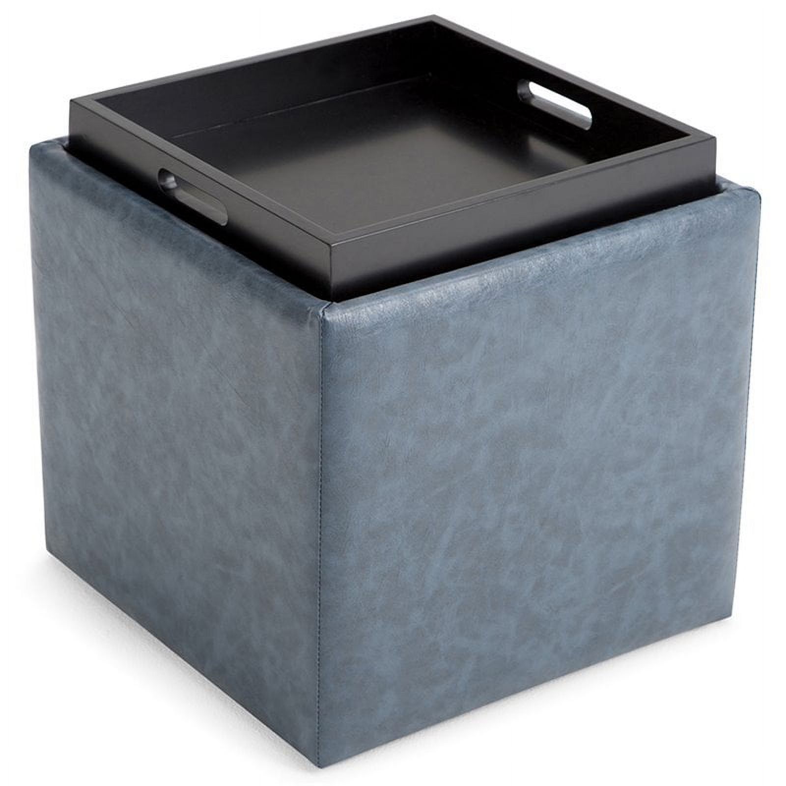 Denim Blue Faux Leather Square Storage Ottoman with Flip-Over Tray