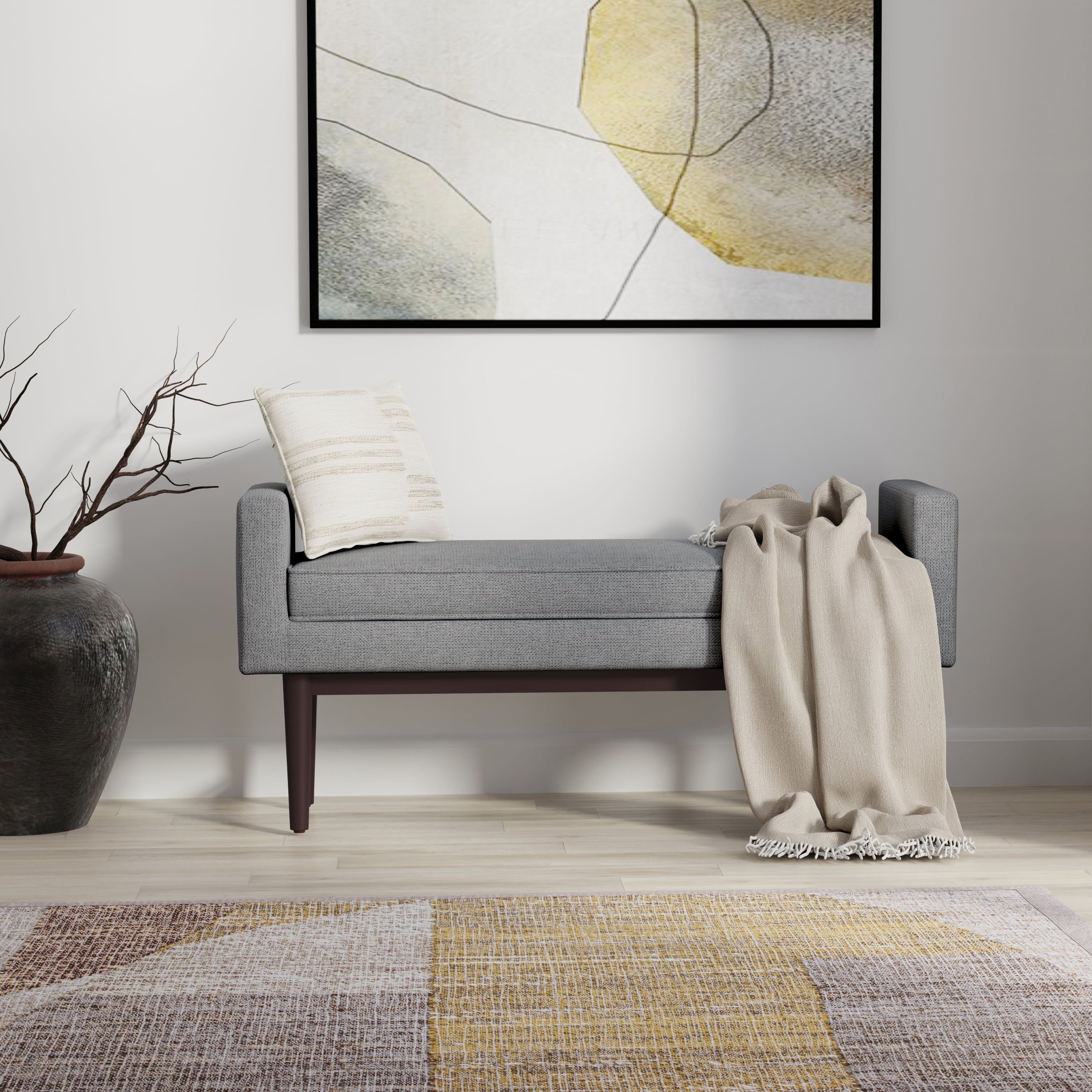 Pewter Grey Linen Upholstered Ottoman Bench with Raised Sides