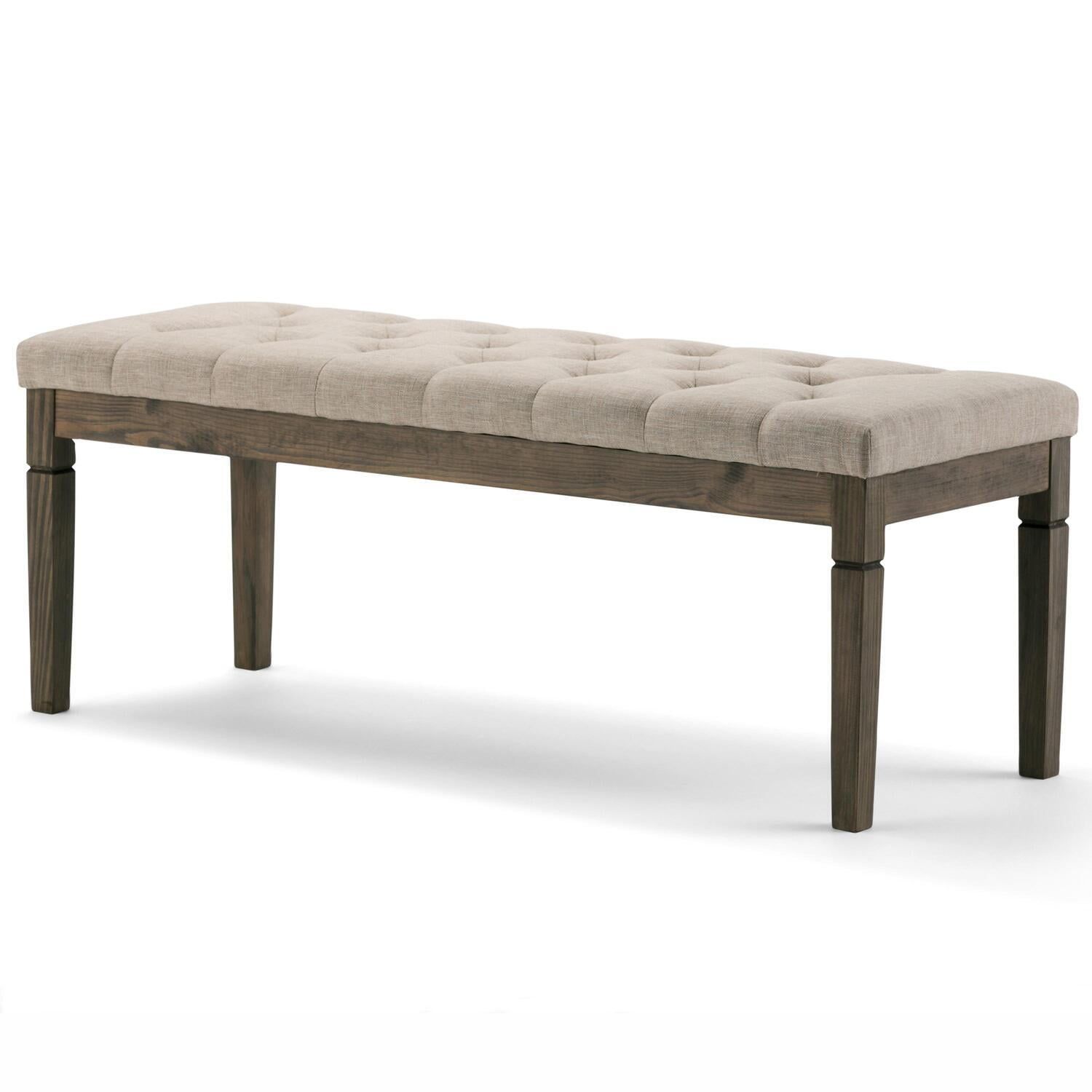 Elegant Natural Linen Tufted Pine Wood Rectangular Bench Ottoman