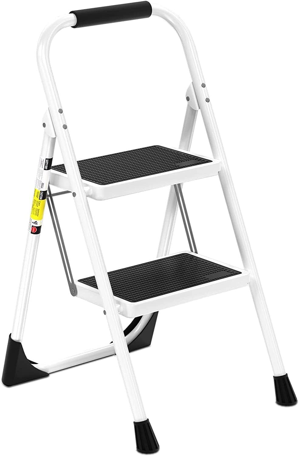 White 2-Step Foldable Steel Ladder with Anti-Slip Pedal