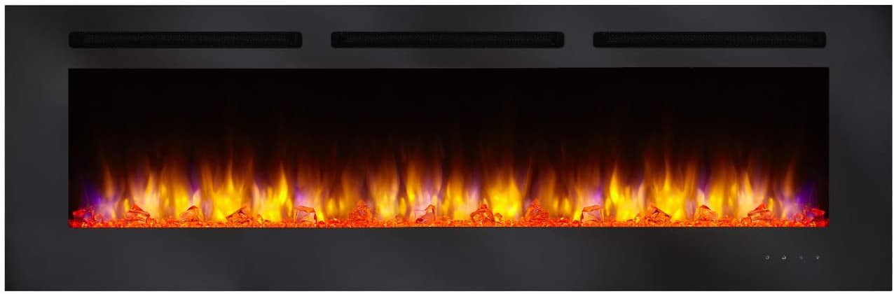 Sleek 60" Black Electric Fireplace with Colorful Ember Bed Lighting