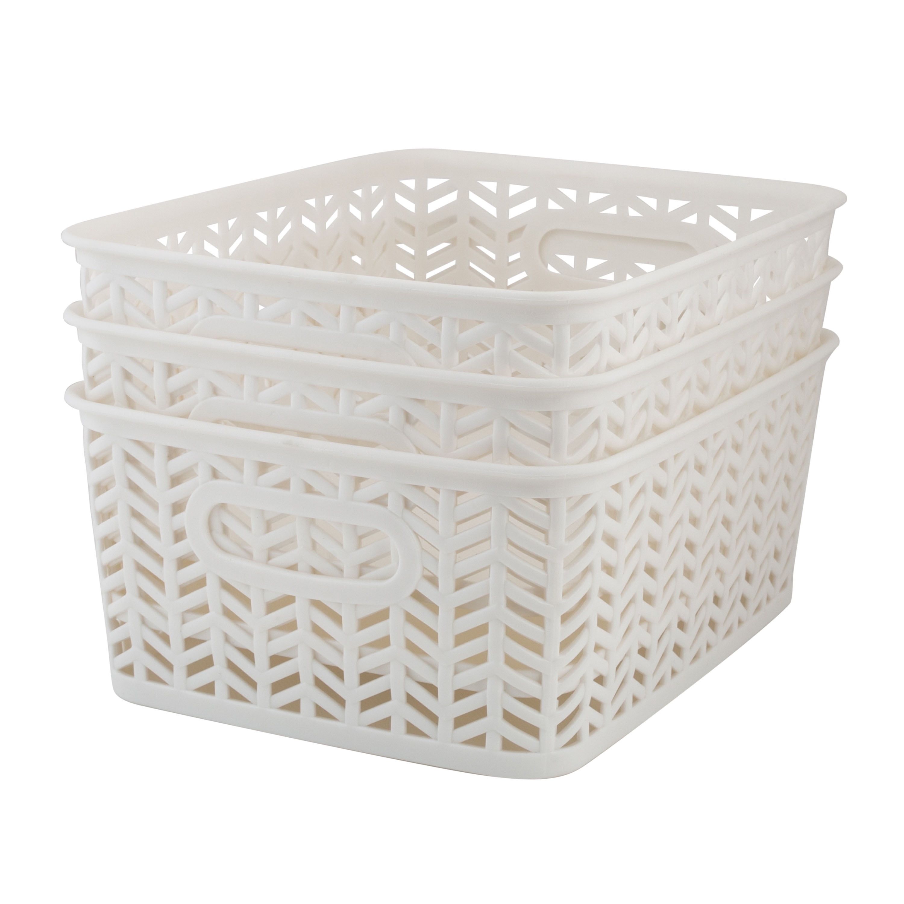 Small White Herringbone Plastic Storage Baskets with Handles, 3-Pack