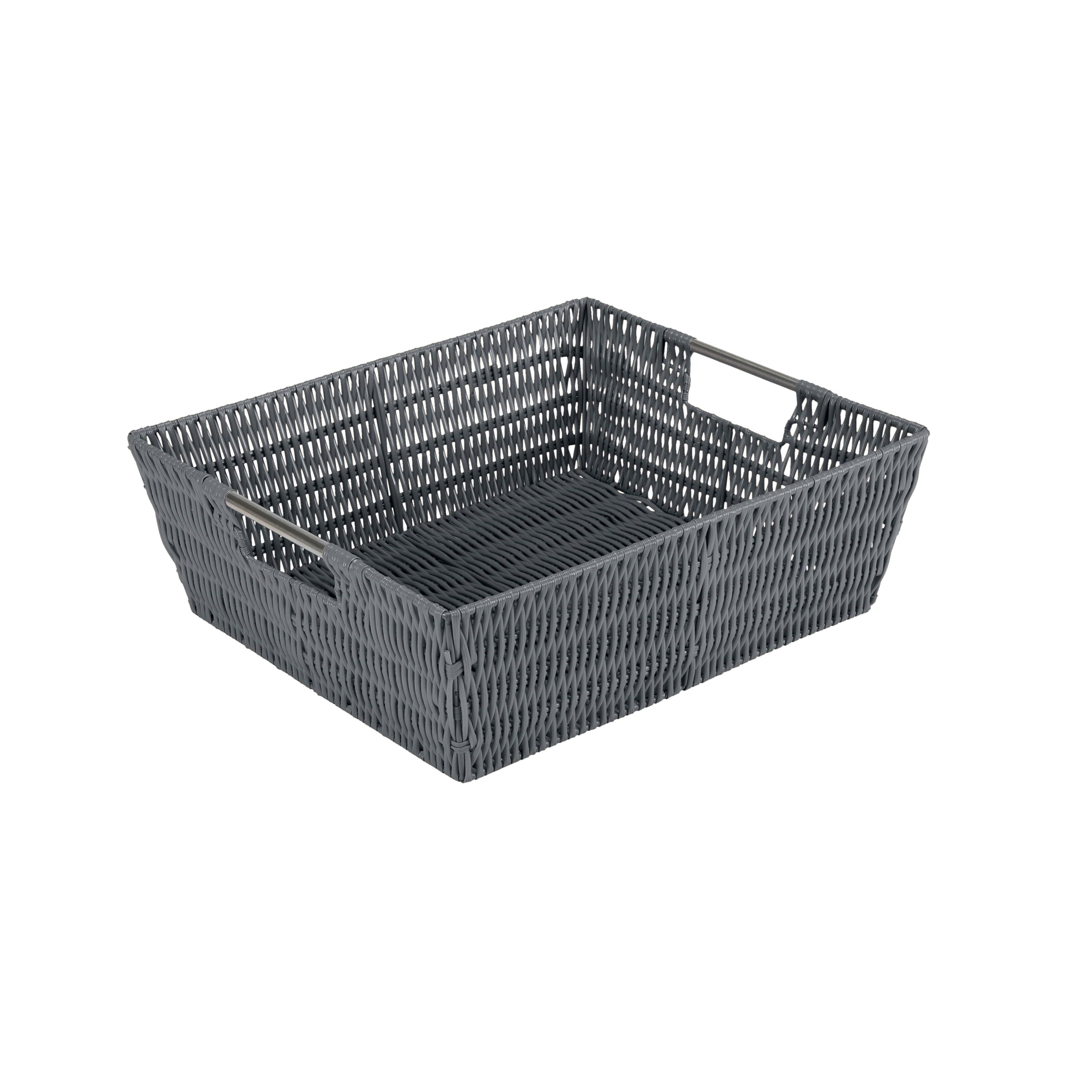 Charcoal Gray Rectangular Rattan Storage Basket with Metal Handles
