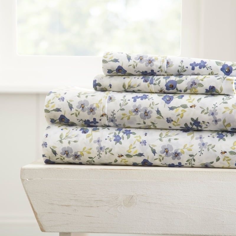 Light Blue Floral Queen Microfiber Bed Sheet Set