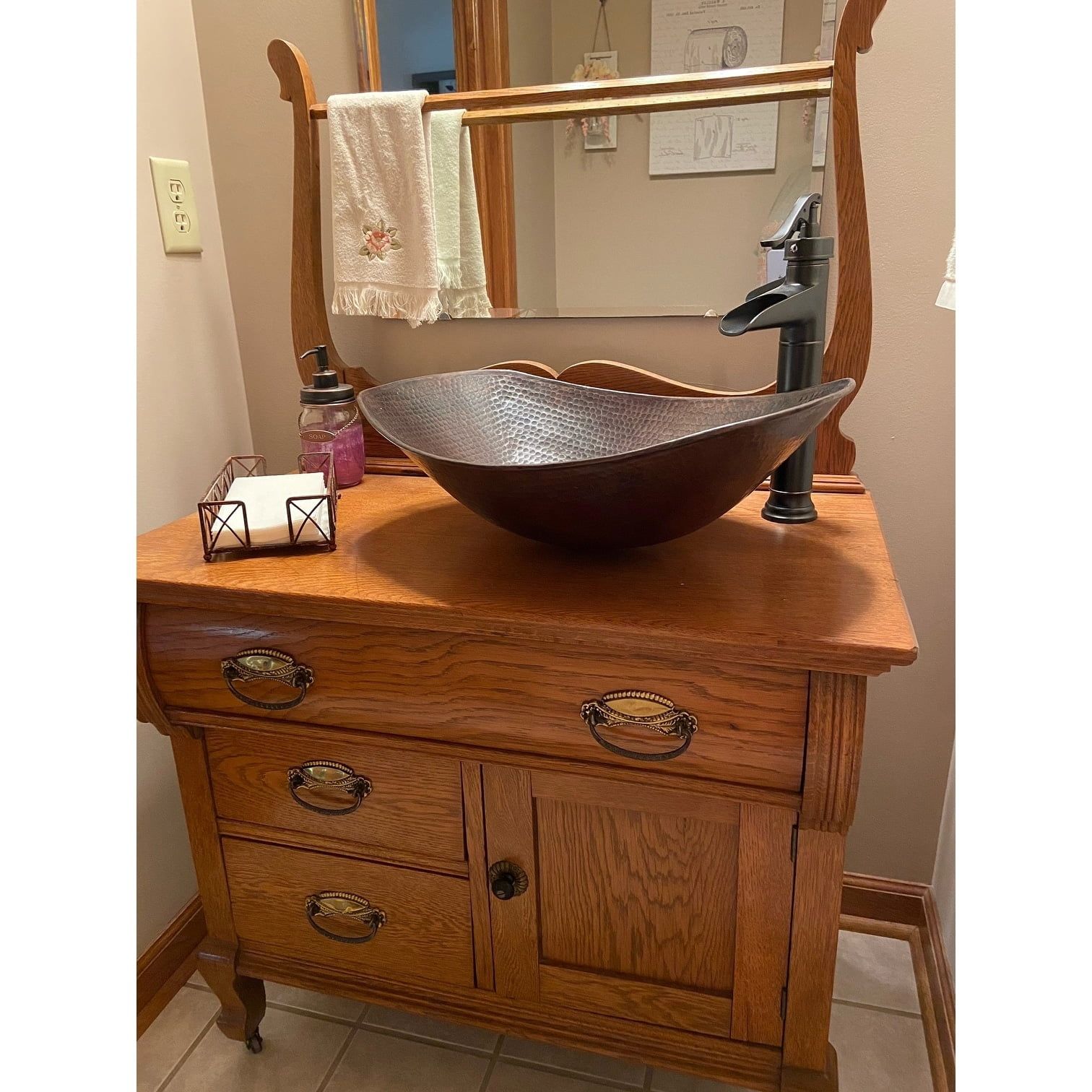 Hand-Hammered Aged Copper Oval Vessel Sink, 20"