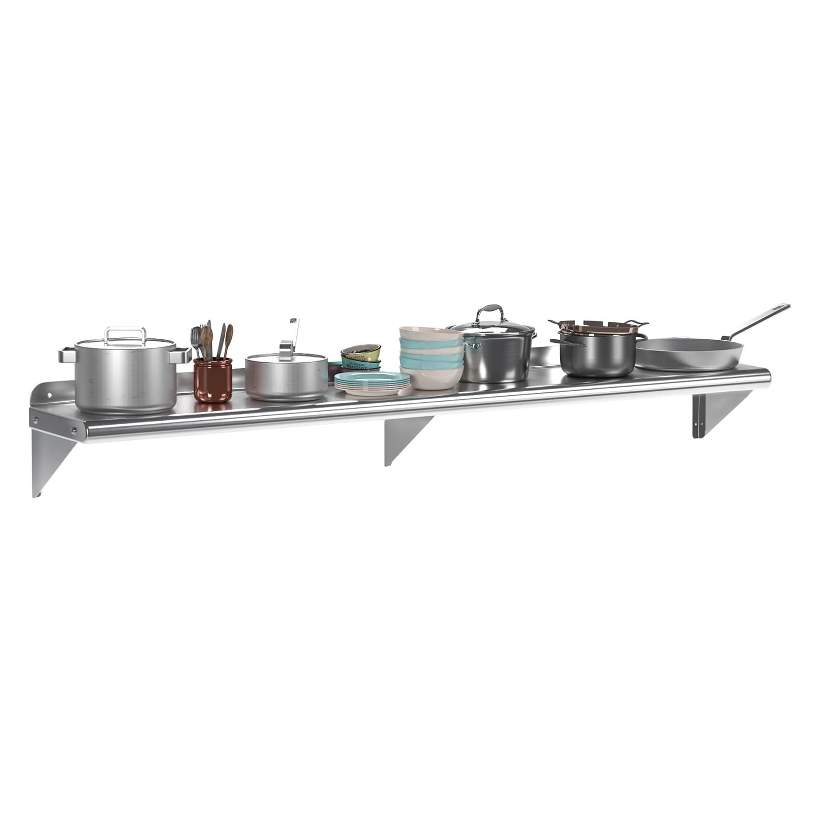 Silver Stainless Steel 12" x 72" Wall Mount Shelf with Backsplash