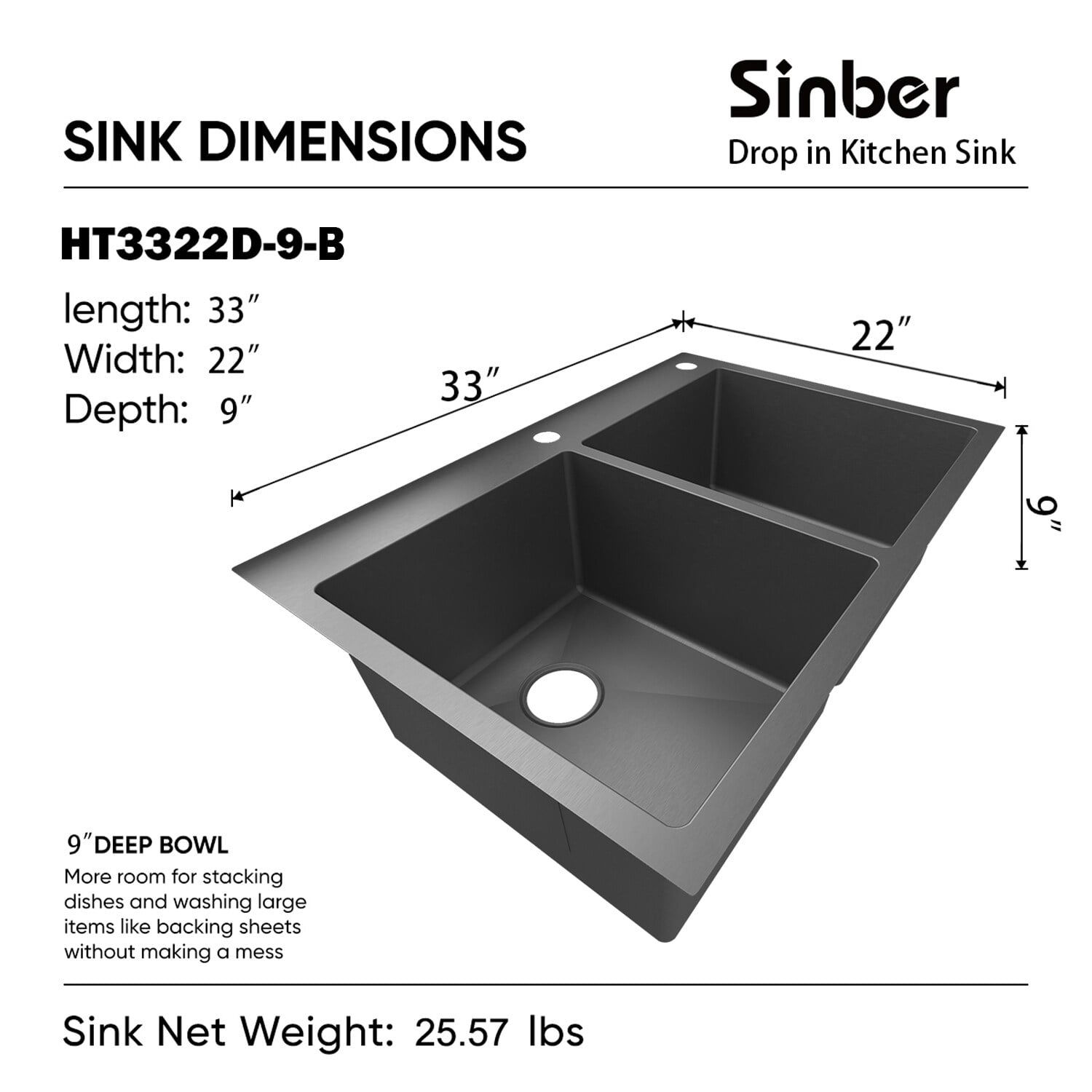 Sinber 33" Black Stainless Steel Double Bowl Kitchen Sink with Drainboard