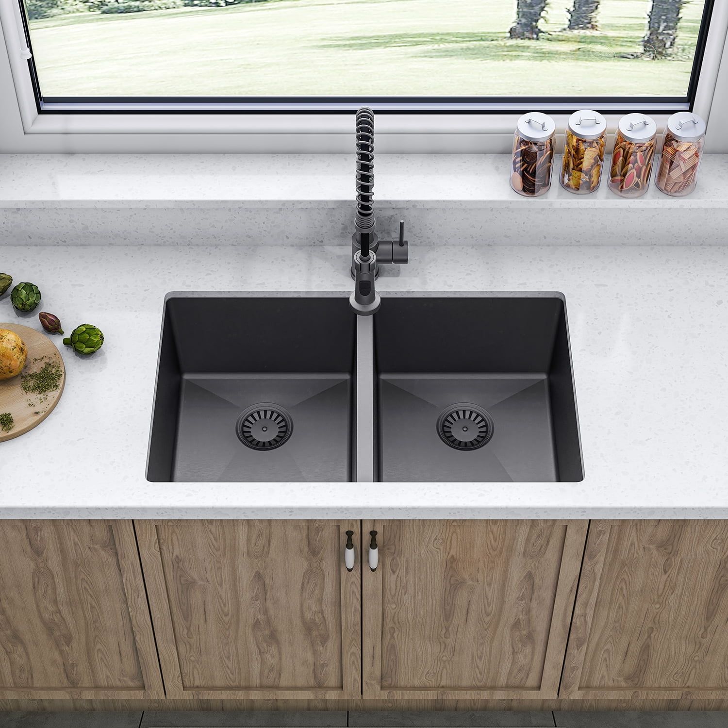 Sinber 32" Black Stainless Steel Double Bowl Undermount Kitchen Sink