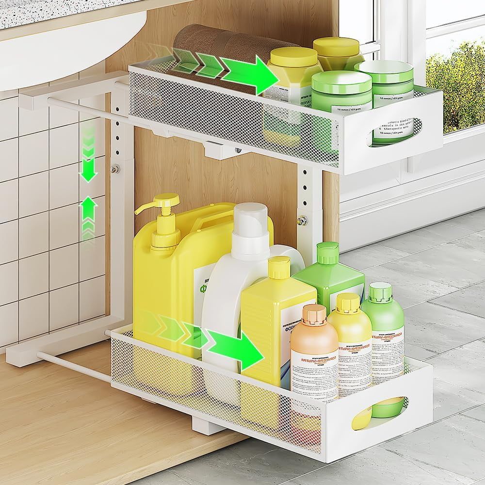 White Expandable Under Sink Organizer with Sliding Shelves