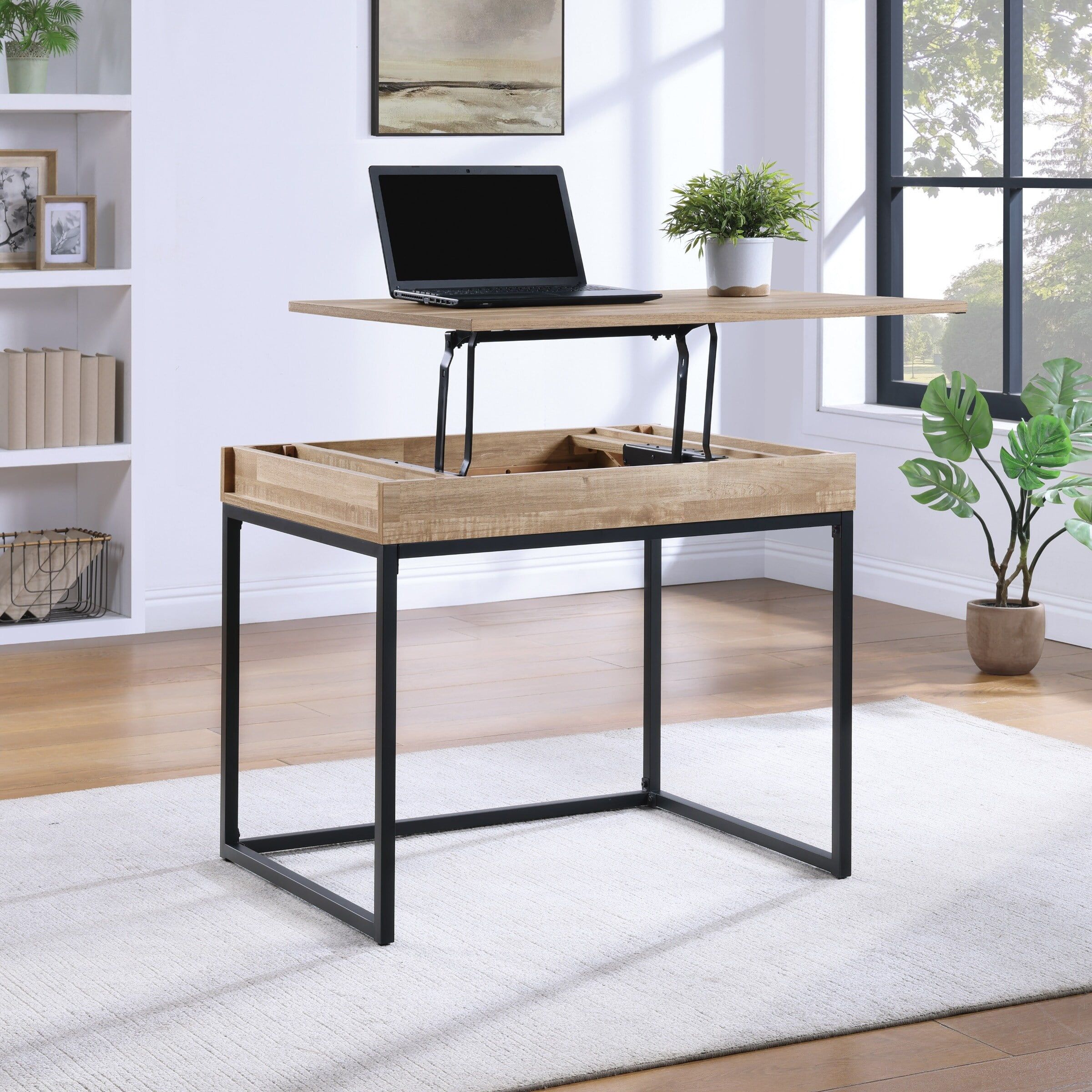 Medium Brown Woodgrain Sit and Stand Desk with Black Metal Frame