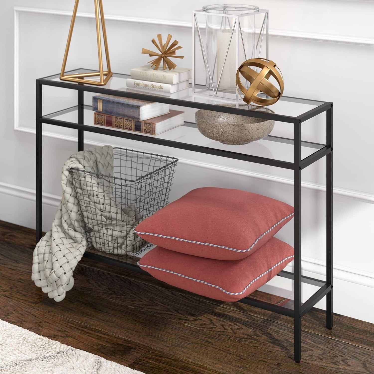 Siviline 42'' Blackened Bronze Glass Console Table with Storage