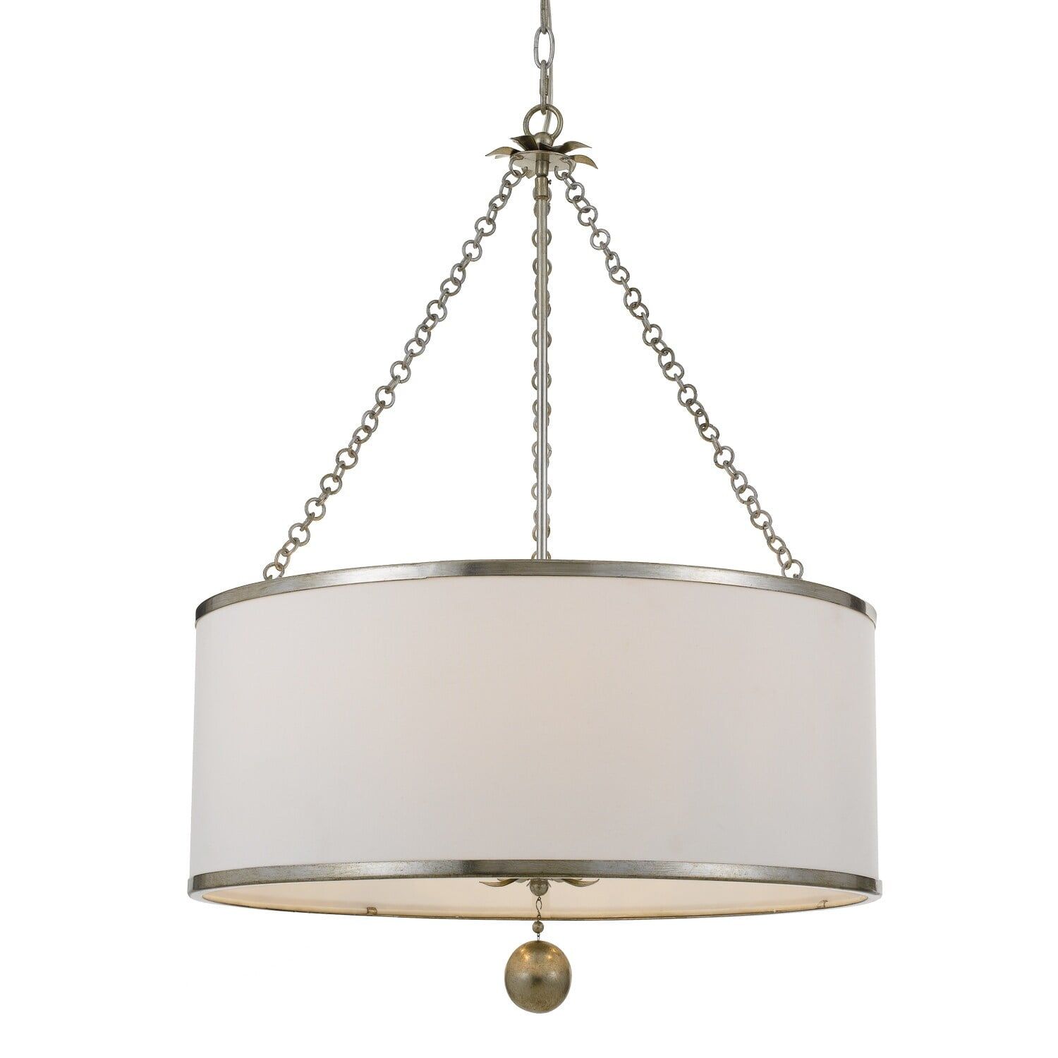 Elegant Antique Silver 6-Light Chandelier with White Silk Drum Shade