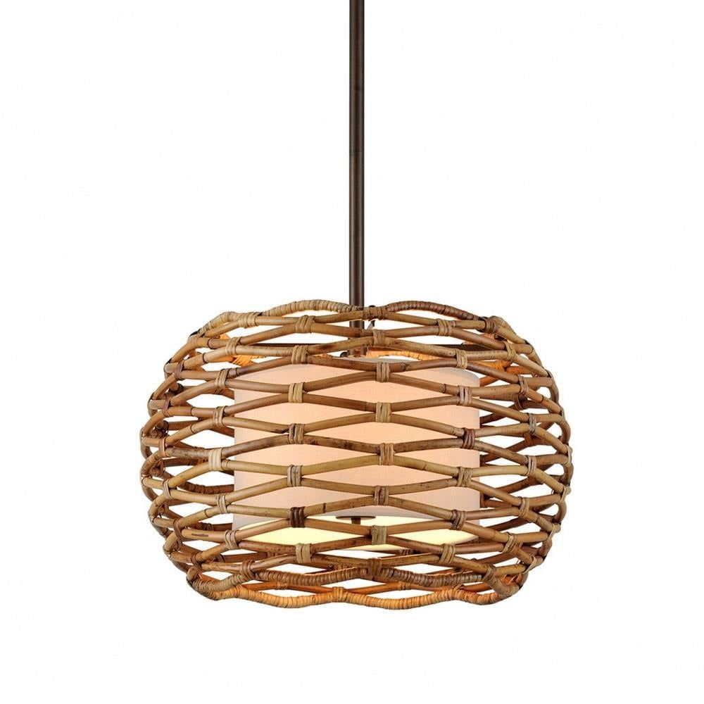 Bronze Rattan and Linen 6-Light Pendant Lamp