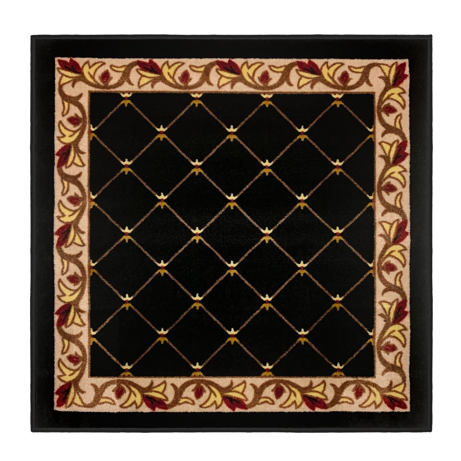 Ebony Black Floral Border Non-slip Synthetic Square Rug 3 Ft x 3 Ft