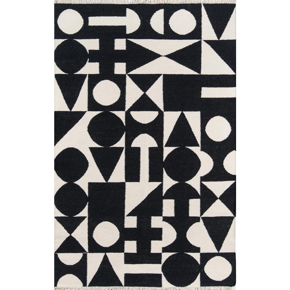 Black and White Geometric Handmade Wool Area Rug, 7'6" x 9'6"