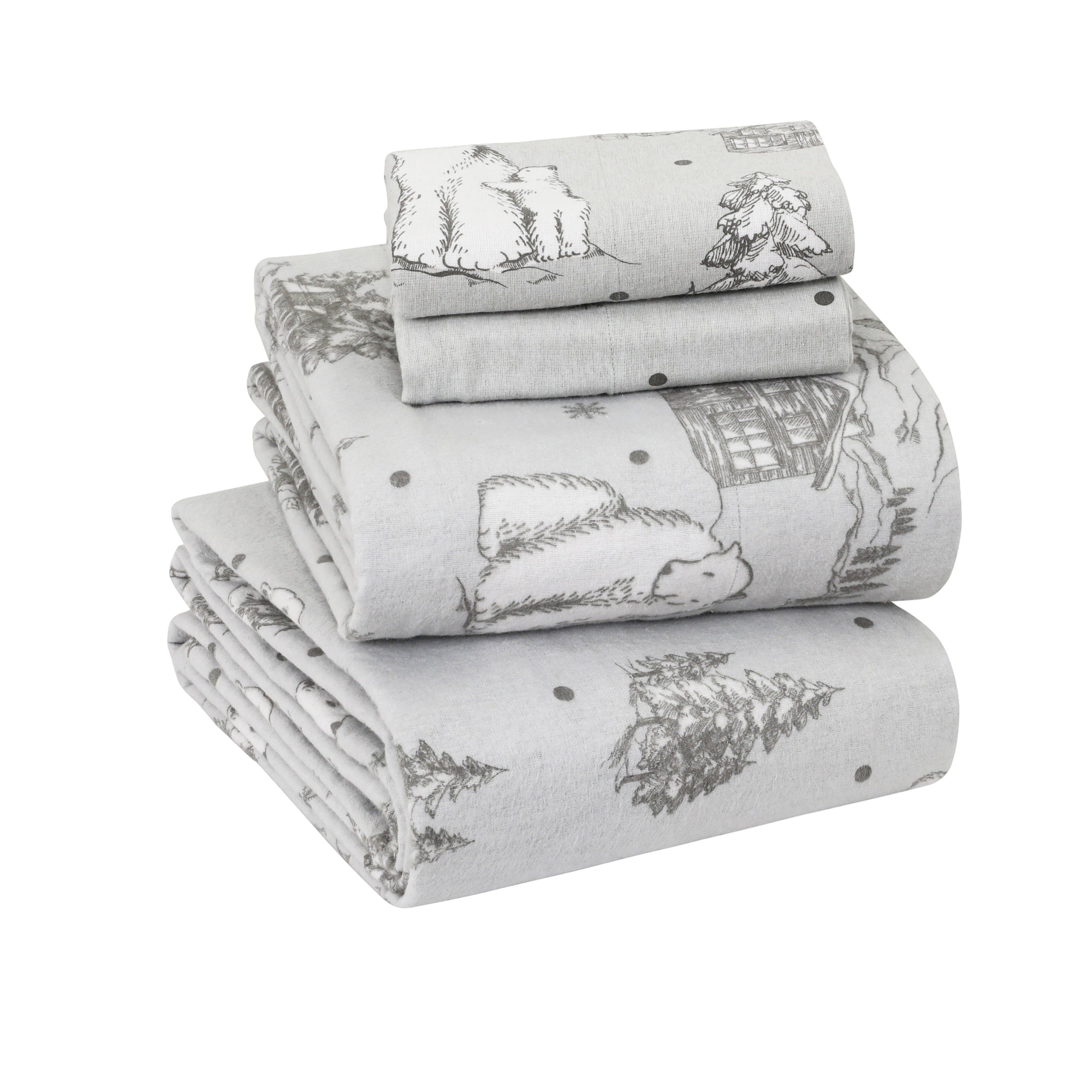 Gray Polar Bear Print Cotton Flannel Queen Bed Sheet Set