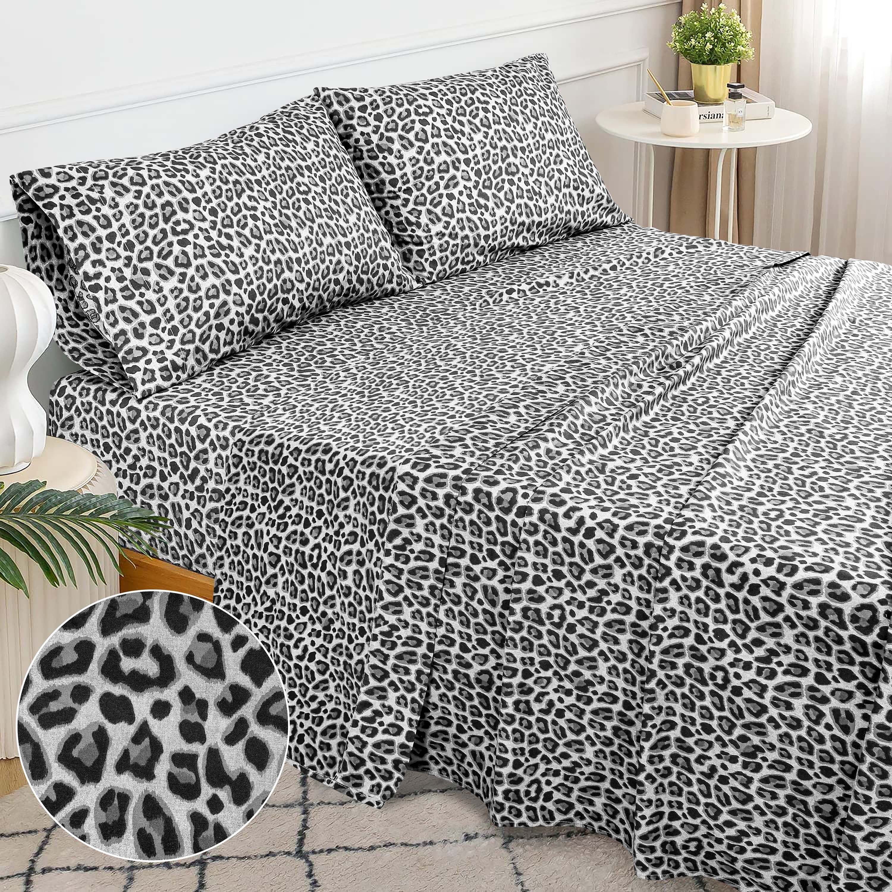 Leopard Grey Full Cotton Percale Deep Pocket Bed Sheet Set