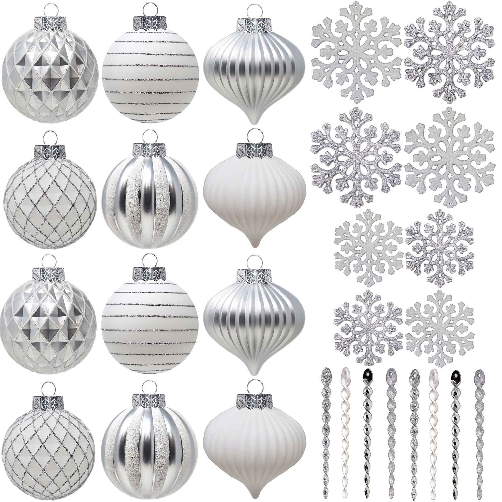 White and Silver Shatterproof Plastic Christmas Ornament Set